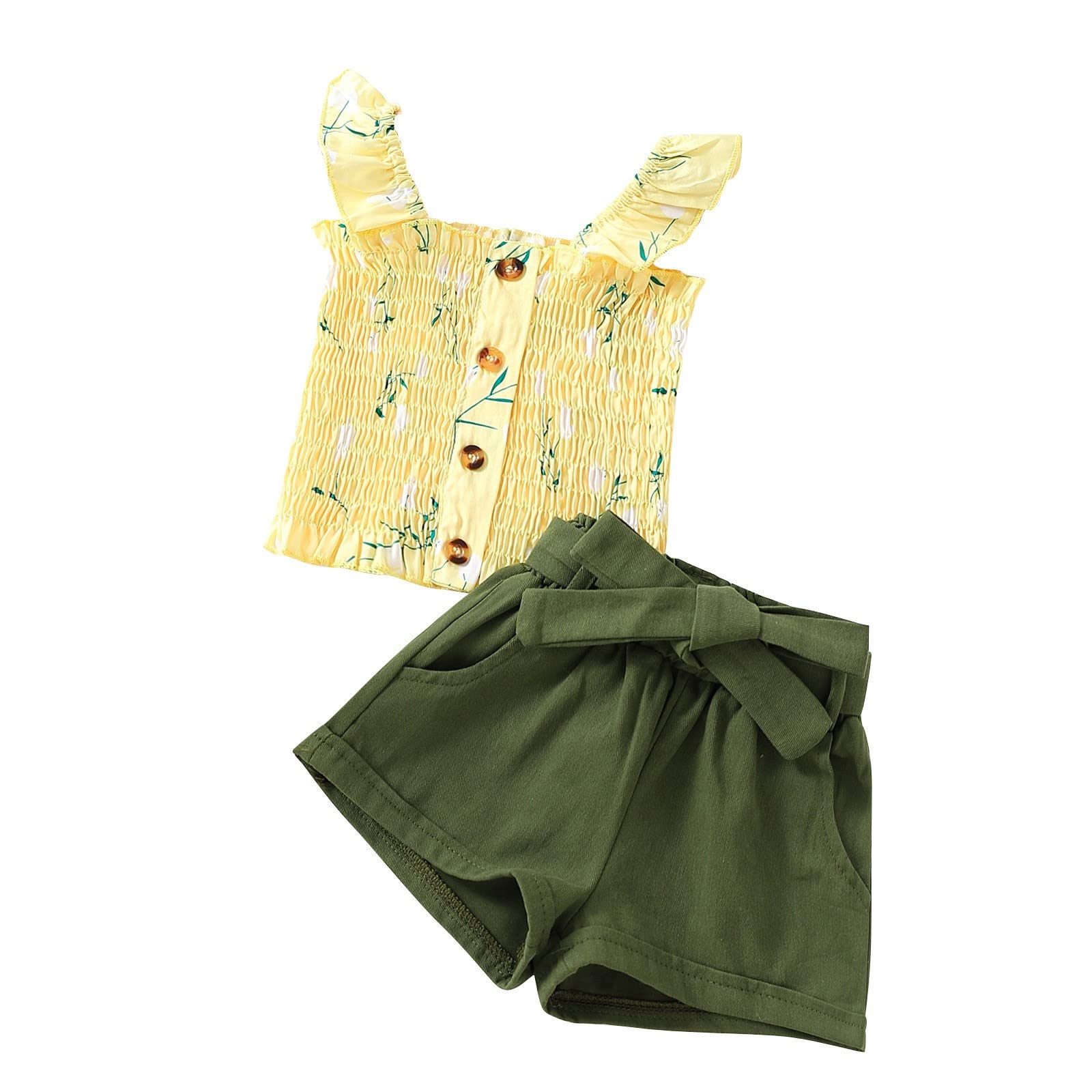Baby Girls Summer Outfit Set - Toddler Floral Sleeveless Ruffle Strap T-Shirt & Bow Shorts | Cute Playtime & Beachwear for Little Girls