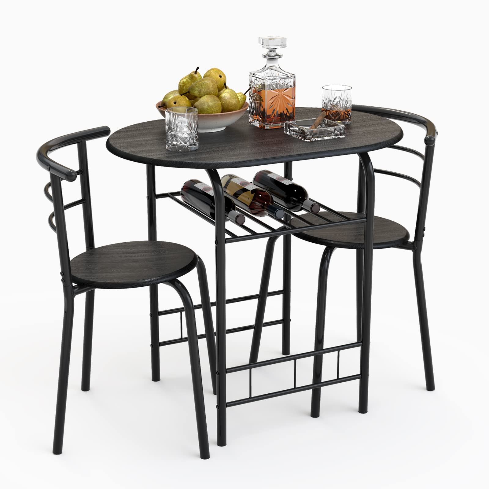 NAFORT 3-Piece Round Dining Table Set for 2 - Compact Kitchen Table & Chairs with Storage Shelf, Space Saving Bistro Set, Steel Frame in Black - Perfect for Small Apartments, Breakfast Nooks & Cozy Kitchenettes