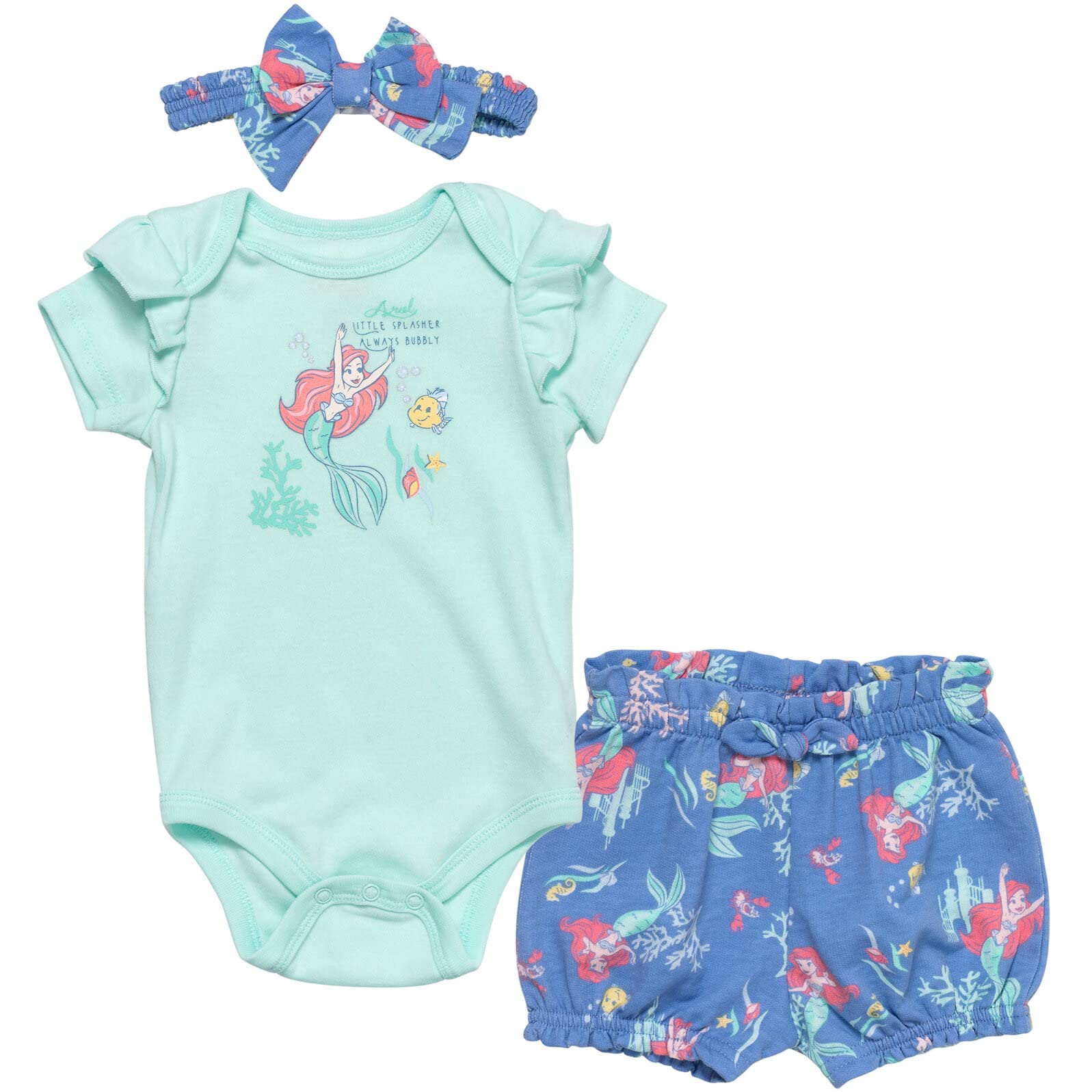 Disney Princess Ariel Belle Tiana Baby Girls 3-Piece Outfit Set - Bodysuit, Bubble Shorts & Headband for Newborn to Infant | Perfect for Birthday Parties, Photo Shoots & Special Occasions