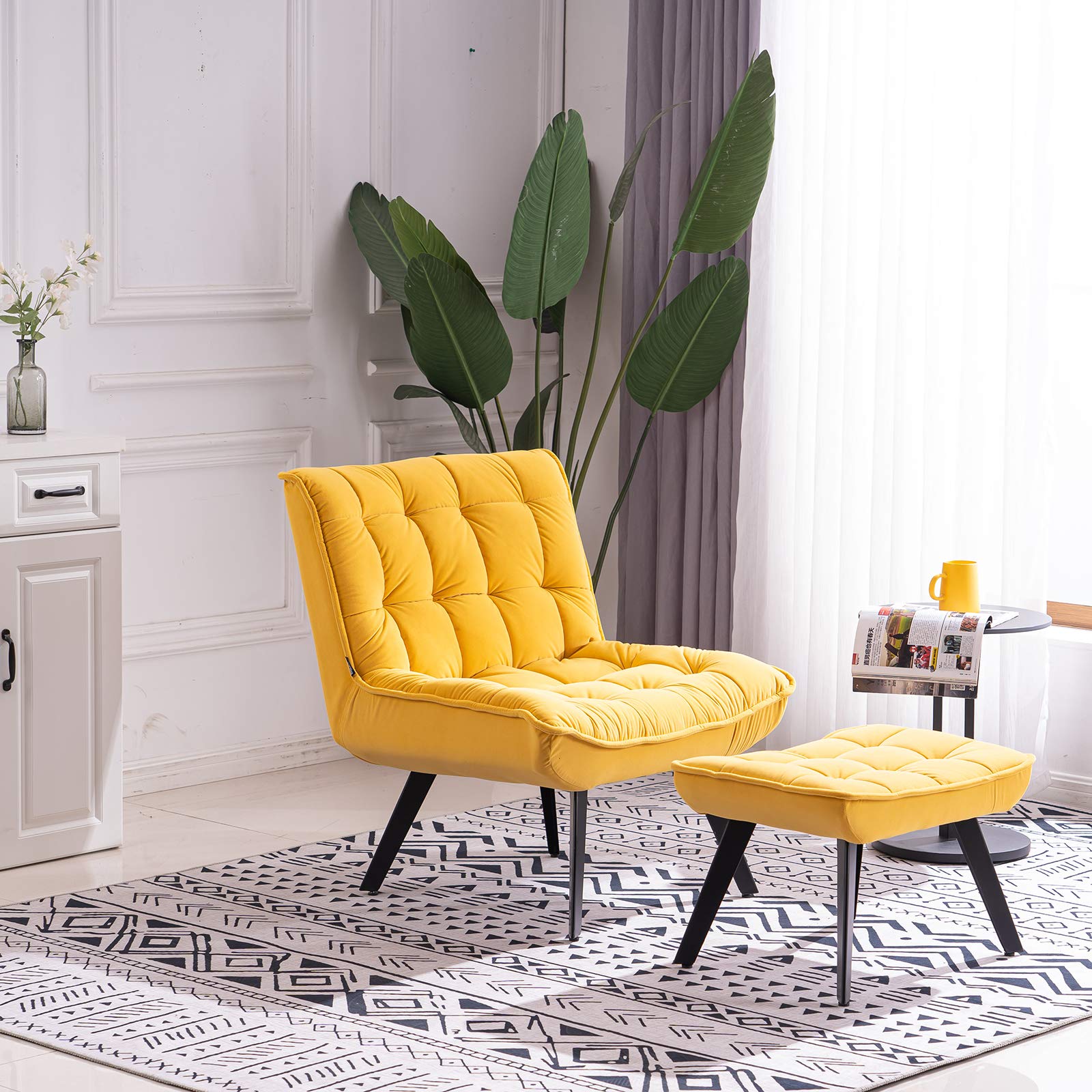 RUNNA Modern Soft Velvet Accent Chair - Comfortable Leisure & TV Chair with Ottoman, Black Legs for Living Room, Bedroom & Home Decor (Yellow) | Perfect for Relaxing, Reading & Entertaining Guests