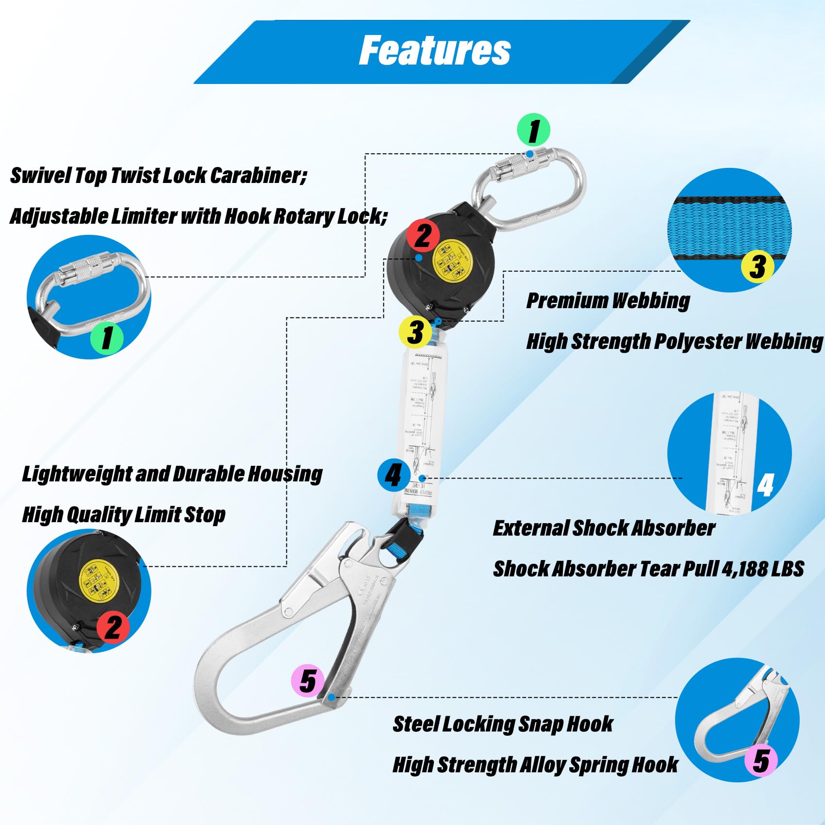 6FT Retractable Safety Lanyard with Rebar Hook - Self Retracting Fall Protection Lifeline for Construction, Roofing & Work at Height | OSHA Compliant Safety Harness Accessory for Roofers, Electricians & Window Cleaners