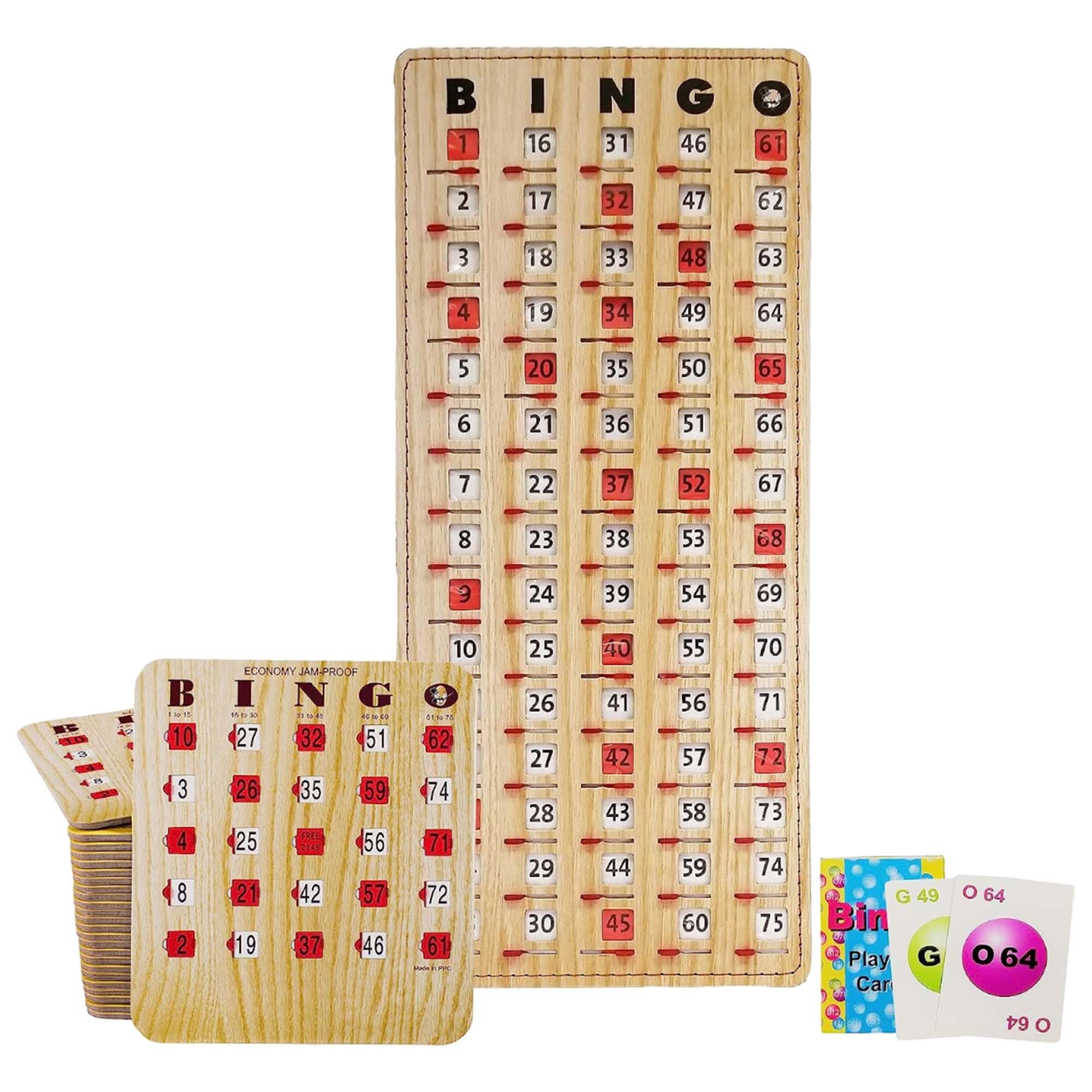 MR CHIPS Jam-Proof Bingo Cards with Sliding Windows - 25 Reusable Shutter Cards + 75 Calling Cards & Master Board in Tan Woodgrain Style - Perfect for Bingo Nights, Family Game Nights & Senior Activities