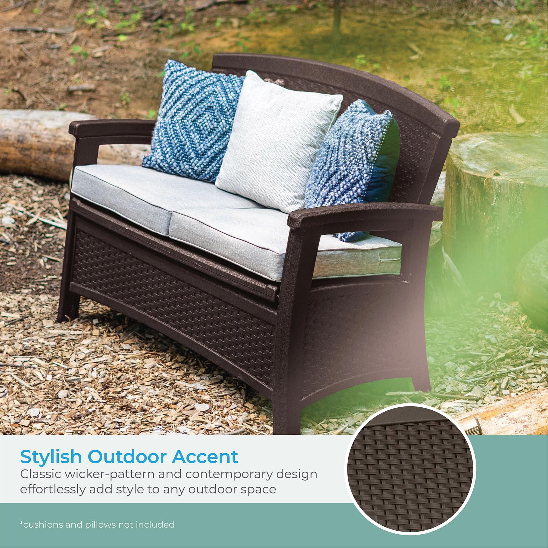 Suncast 23-Gallon Storage Wicker Love Seat - All-Weather Outdoor Furniture with Ergonomic Back Support for Patio, Deck & Garden - Perfect for Couples Relaxing in Backyard or Poolside