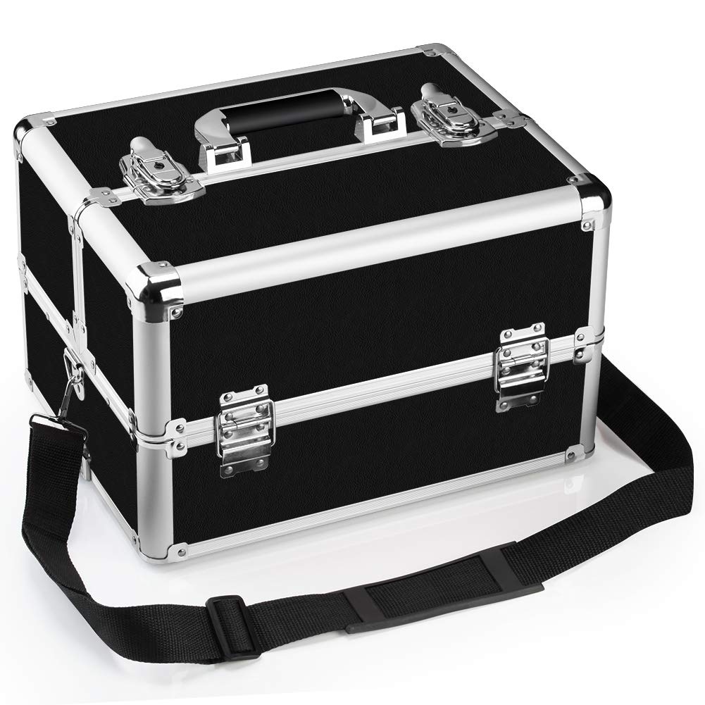 OUDMAY Professional 2-in-1 Aluminum Makeup Train Case with Locks & Folding Trays - Rolling Cosmetic Storage Organizer for Makeup Artists & Travel (Black) - Perfect for Salon, Home Vanity & On-the-Go Beauty Needs
