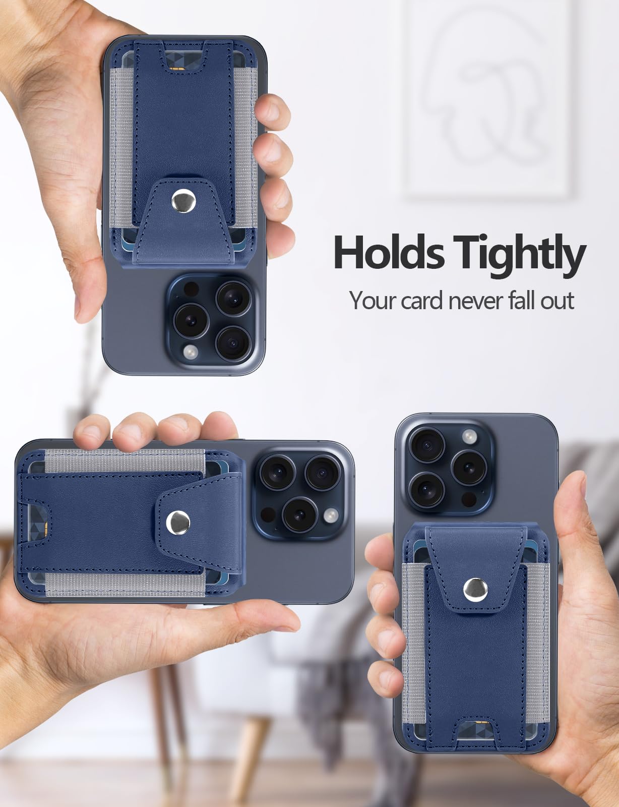 Magnetic Wallet Stand for iPhone 16/15/14/13/12 Series - Vegan Leather Card Holder with Privacy Flap & RFID Blocking - 9 Card Capacity, 3 Slots, Navy Blue - Perfect for Travel, Work & Everyday Use
