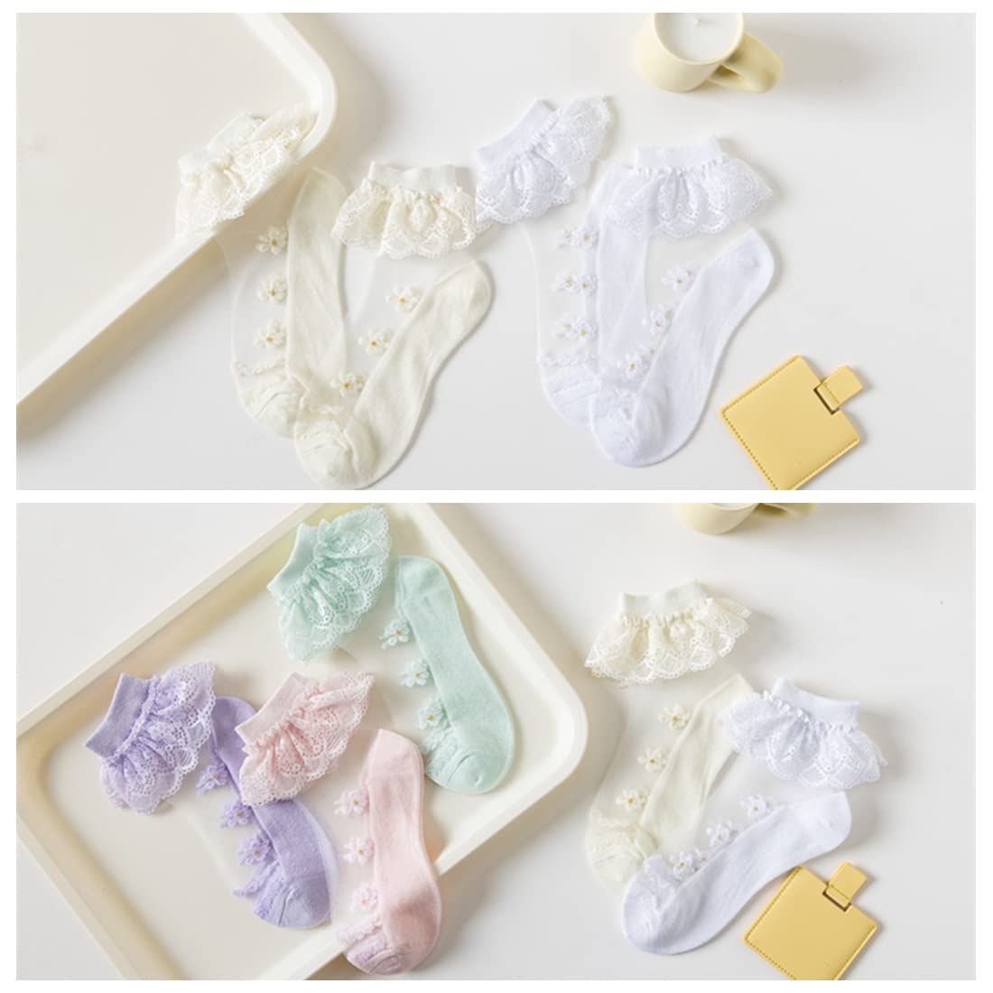 Hopply 5 Pairs Ruffle Frilly Ankle Socks for Toddler Girls - White Lace Dress Socks for Baby & Women - Summer Mesh Breathable Socks for Pageant, Party & Special Occasions