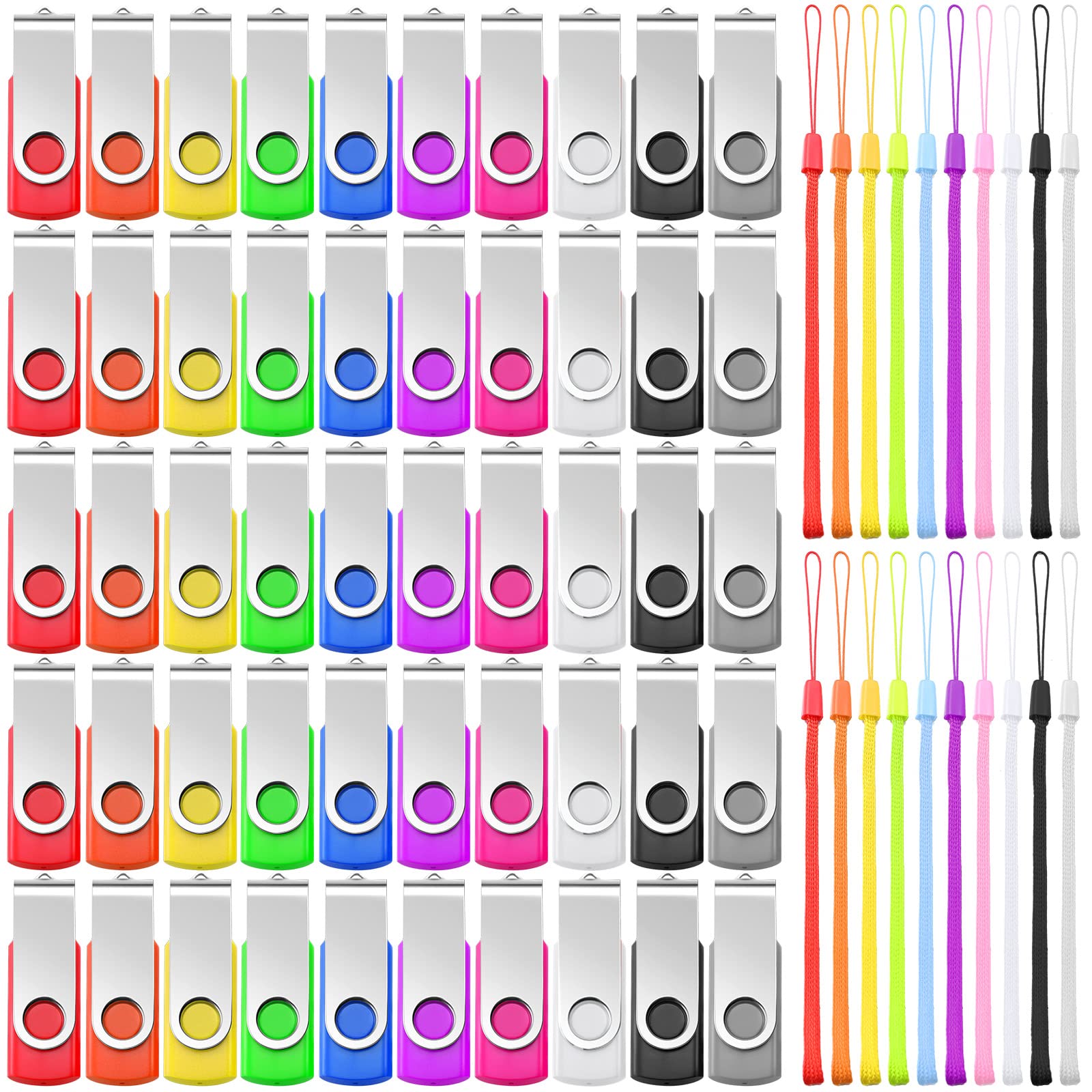 50 Pack 2GB USB Flash Drives Bulk - USB 2.0 Memory Sticks with Lanyard, Swivel Design, 10 Mixed Colors - Perfect for Data Storage, Backup, File Transfer & School/Office Use
