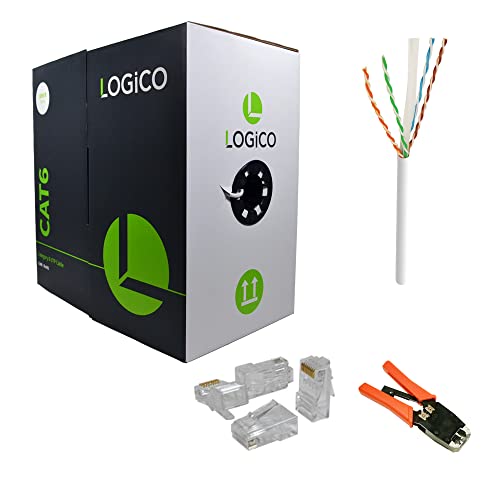LOGICO Cat6 UTP Riser CMR Ethernet Cable 1000FT White Bulk + RJ45 Crimping Tool + 100-Piece Cat6 RJ45 Connectors Kit - Perfect for Home Network Setup, Office Wiring & Data Center Installations