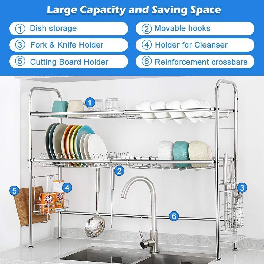 2-Tier Stainless Steel Over The Sink Dish Drying Rack - Adjustable Large Kitchen Shelf with Utensil Holder (Fits Sinks ≤35 Inch) | Space-Saving Solution for Small Kitchens & Dish Organization