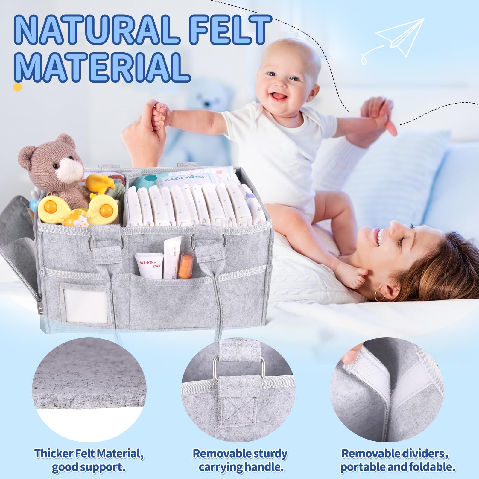 Portable Diaper Caddy Organizer with Handle - Nursery Storage Basket & Felt Car Organizer for Baby Essentials | Perfect for Changing Table, Nursery Organization & On-the-Go Diaper Storage | Ideal Baby Shower Gift