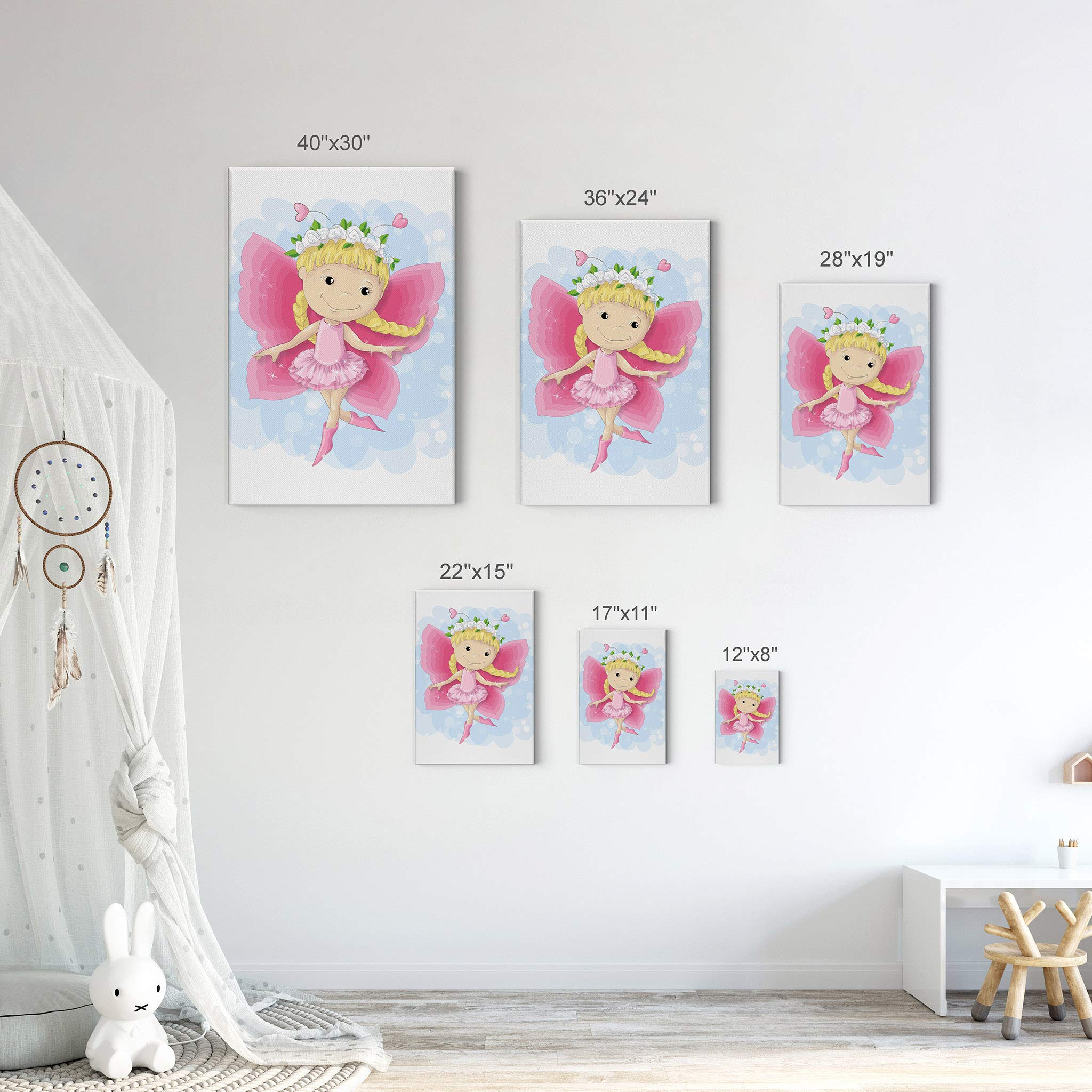 Cute Blonde Pink Dressed Fairy Girl Canvas Print - Smile Art Design - 40x30 Inches - Nursery Wall Art, Kids Room Decor, Baby Room Decoration - Ready to Hang, Made in USA - Perfect for Bedrooms, Playrooms & Gift Ideas