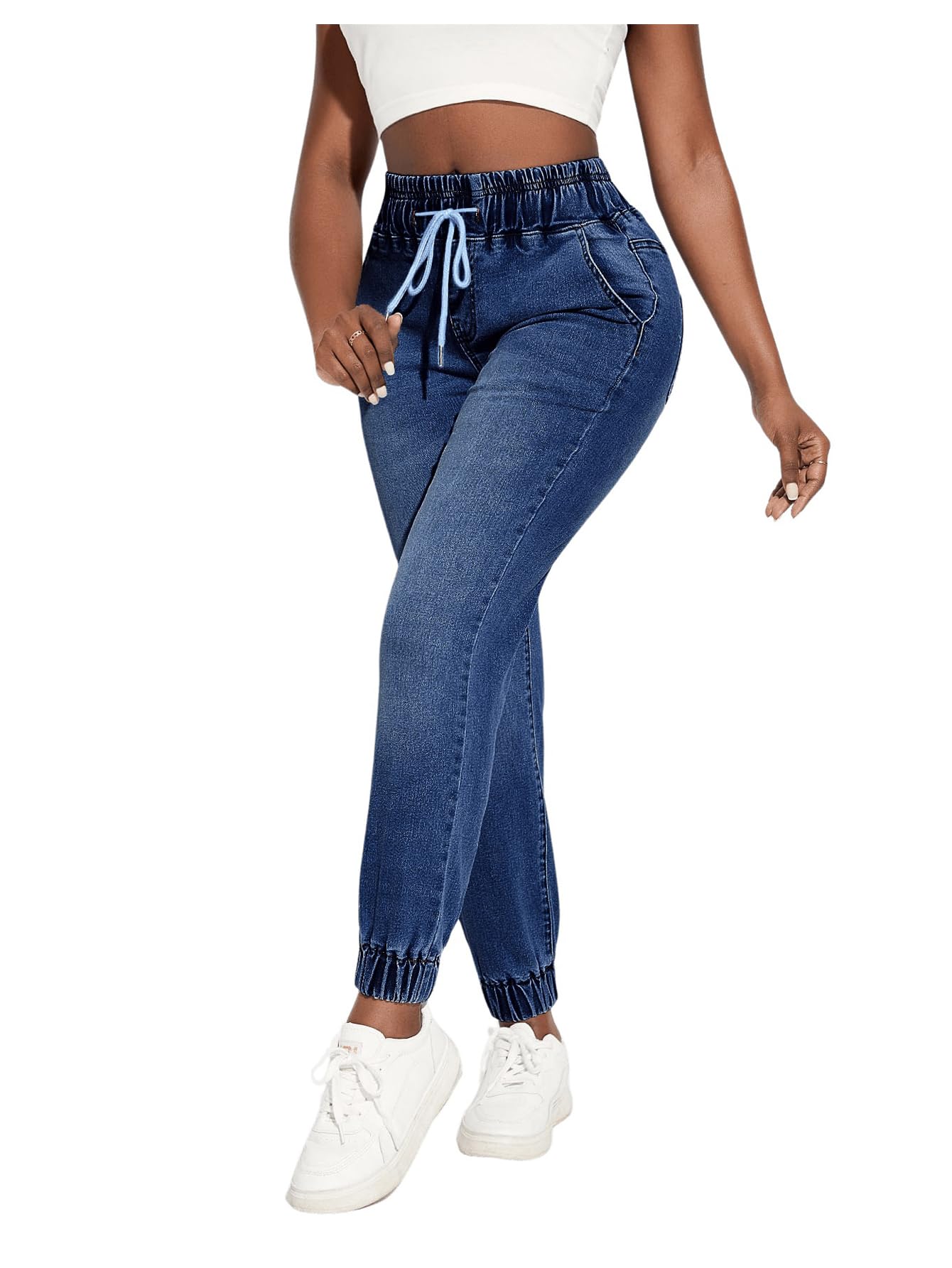 Floerns Women's Stretchy Denim Jogger Pants with Elastic Waist & Drawstring - Comfortable Casual Pants for Work, Travel & Everyday Wear