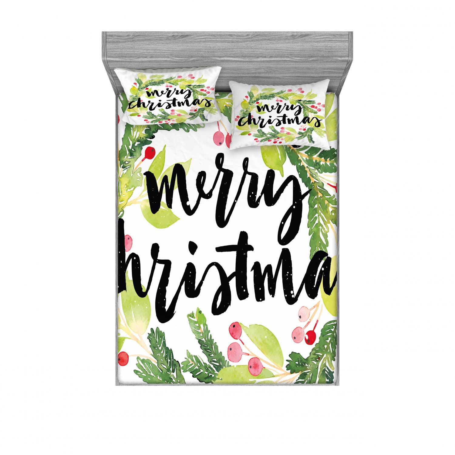 Ambesonne Christmas 2-Pack Fitted Sheet & Pillow Sham Set - Watercolor Wreath Design, 4-Piece Bedding Set (2 Full Size Fitted Sheets + 4 Pillow Covers) in Black, Green & White - Perfect for Holiday Home Decor, Guest Rooms & Festive Bedroom Makeovers