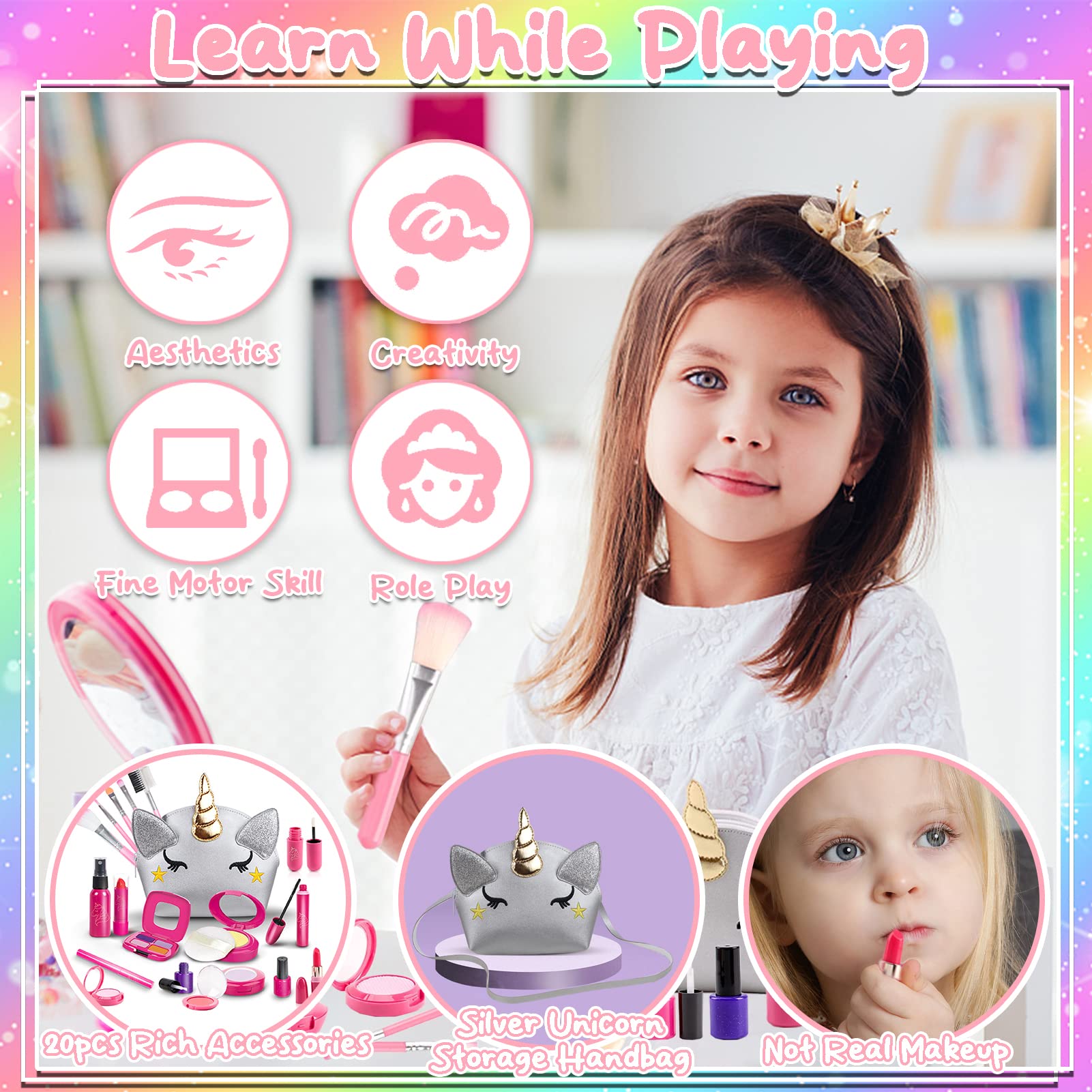STAY GENT Pretend Makeup Set for Girls Ages 3-8 | 20-Piece Kids Makeup Toy with Unicorn Vanity Case | Perfect Birthday & Christmas Gift for Girls | Role Play & Dress-Up Fun