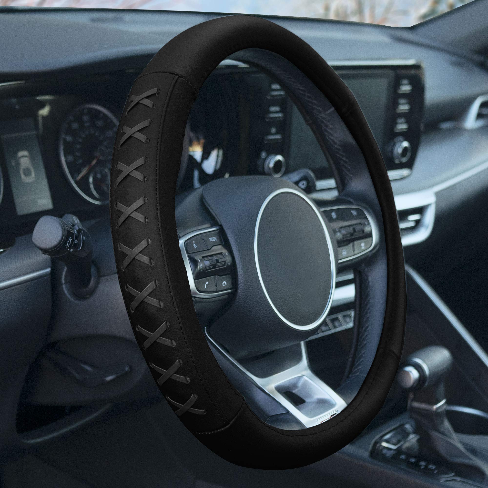TLH Universal Gray 15 Inch Genuine Leather Steering Wheel Cover with Lace-Up Detailing - Non-Slip Grip, Easy Installation - Perfect for Cars, Trucks & SUVs - Enhance Comfort & Style While Driving