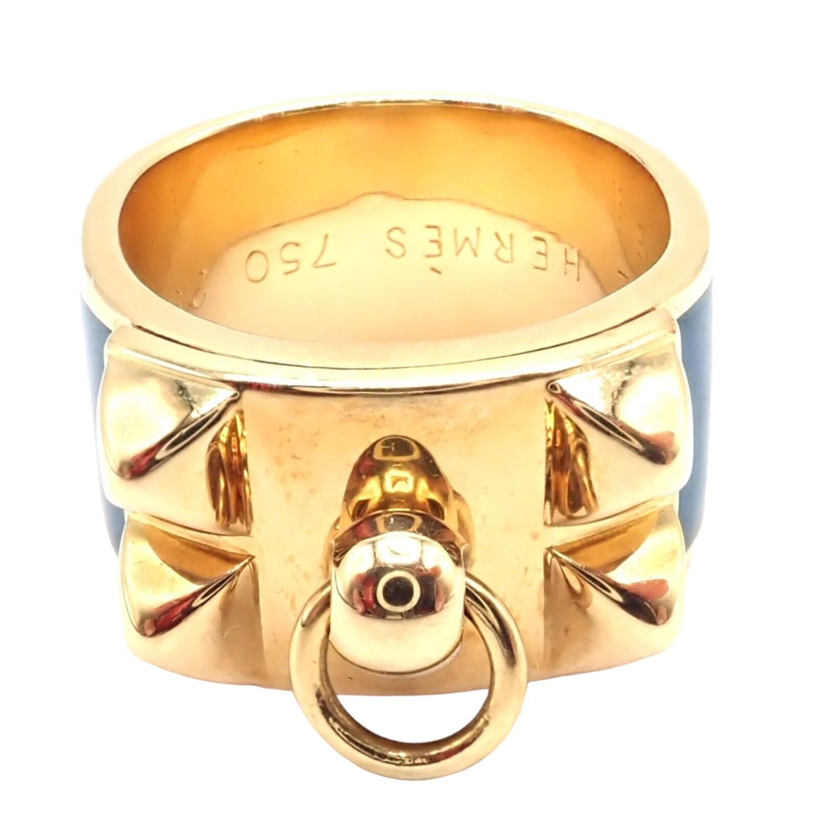 Authentic Hermes Collier de Chien 18K Yellow Gold Blue Enamel Band Ring - Size 6 - Luxury Fashion Jewelry for Women, Perfect for Parties, Weddings & Special Occasions