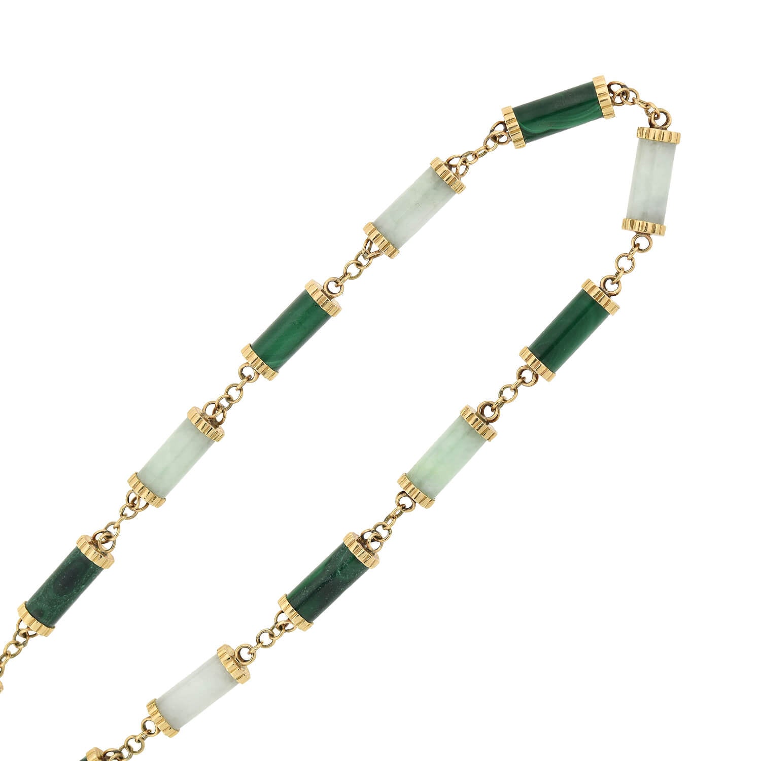 Vintage 14K Gold Nephrite Jade & Malachite Beaded Link Necklace - 35 Inch Elegant Statement Jewelry for Women, Perfect for Weddings, Parties and Special Occasions