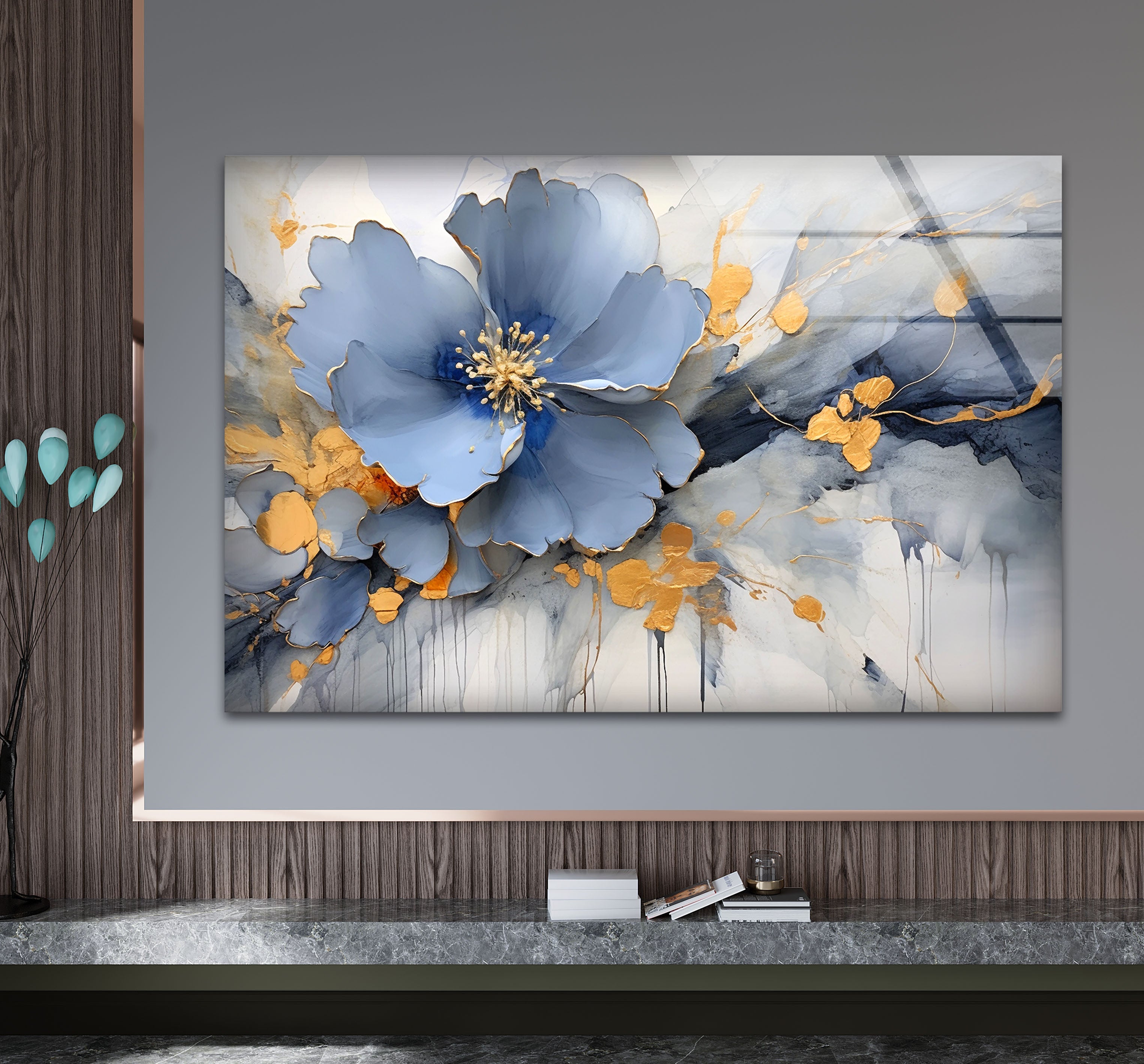 Blue Gold Blossom Wall Art - Elegant Floral Glass Print for Home Décor | Modern Botanical Painting for Living Room, Bedroom & Office | Perfect Housewarming Gift