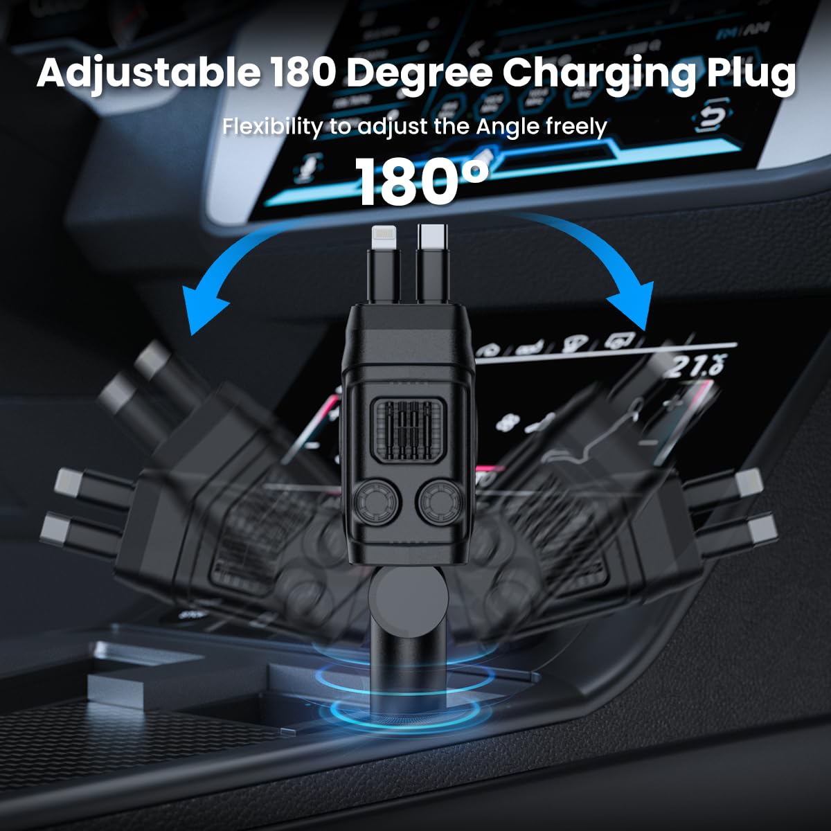 65W 4-in-1 Retractable Car Charger - Fast USB C Car Phone Charger Compatible with iPhone 16/16 Pro Max/15/15 Pro Max/14/13/12/11, Galaxy S23/S22/S21, Pixel 7/6 - Perfect for Road Trips & Daily Commutes