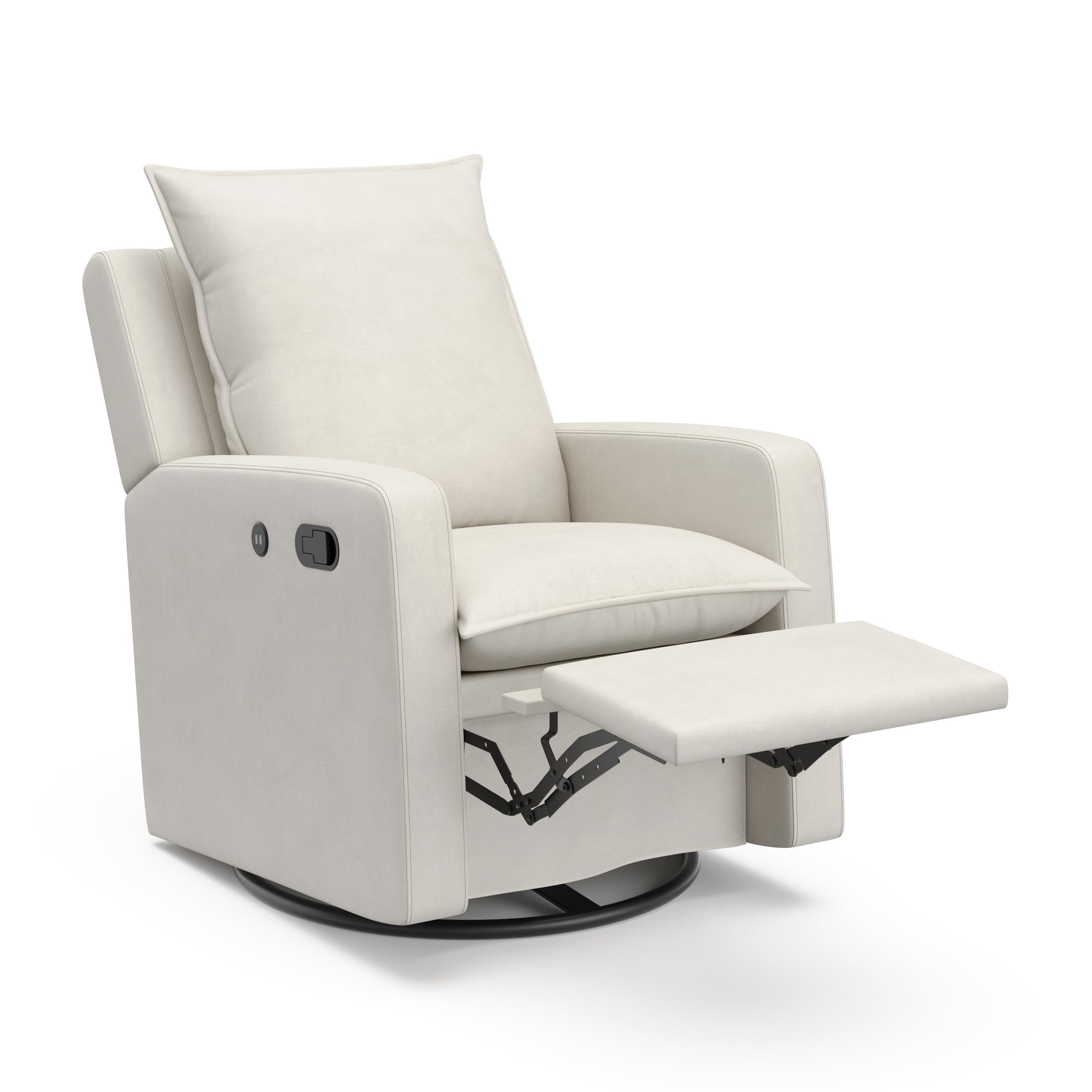 Storkcraft Timeless Reclining Glider Chair with USB Port - 360° Swivel Base, Extendable Footrest & Supportive Cushions, Ivory Fabric Upholstery for Nursery, Living Room & Relaxation