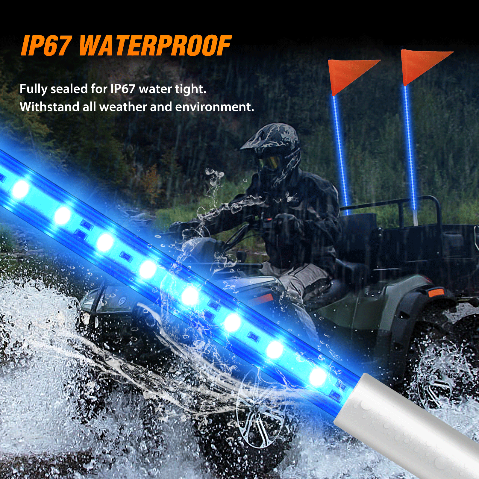 4FT LED Blue Whip Light Bar with Aluminum Base - Waterproof Flexible Tube for Car, Truck, Boat, Motorcycle & Off-Road Vehicles - Perfect for Night Driving, Emergency Lighting & Decoration