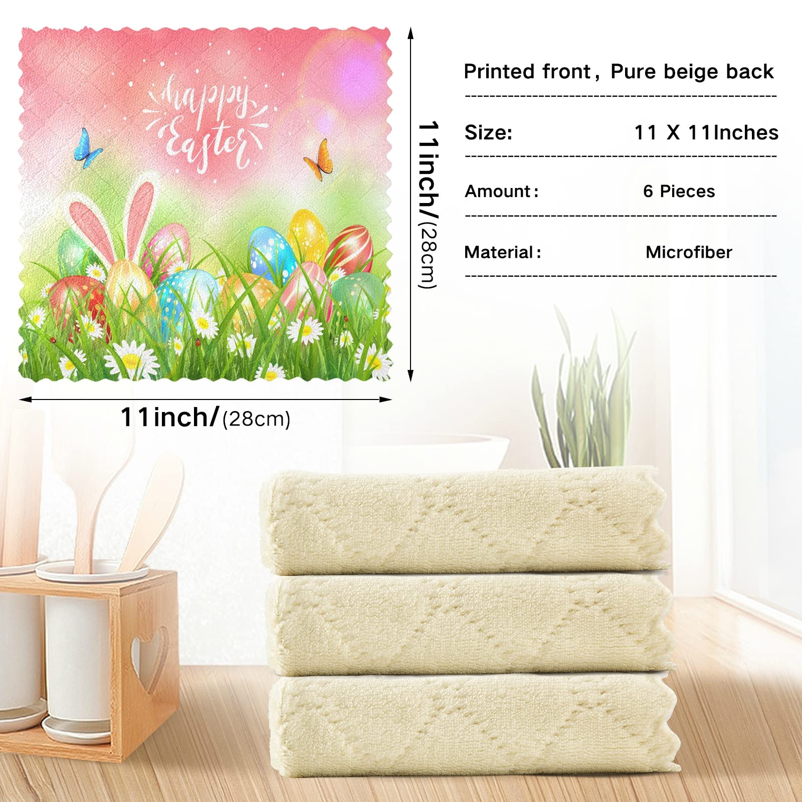 Premium Absorbent Dish Towels Set of 6 - 11x11 Inch Lint-Free Kitchen Cleaning Cloths with Easter Eggs, Butterflies & Spring Flowers Design - Soft Bar Mop Tea Towels for Dishes, Countertops & Kitchen Decor