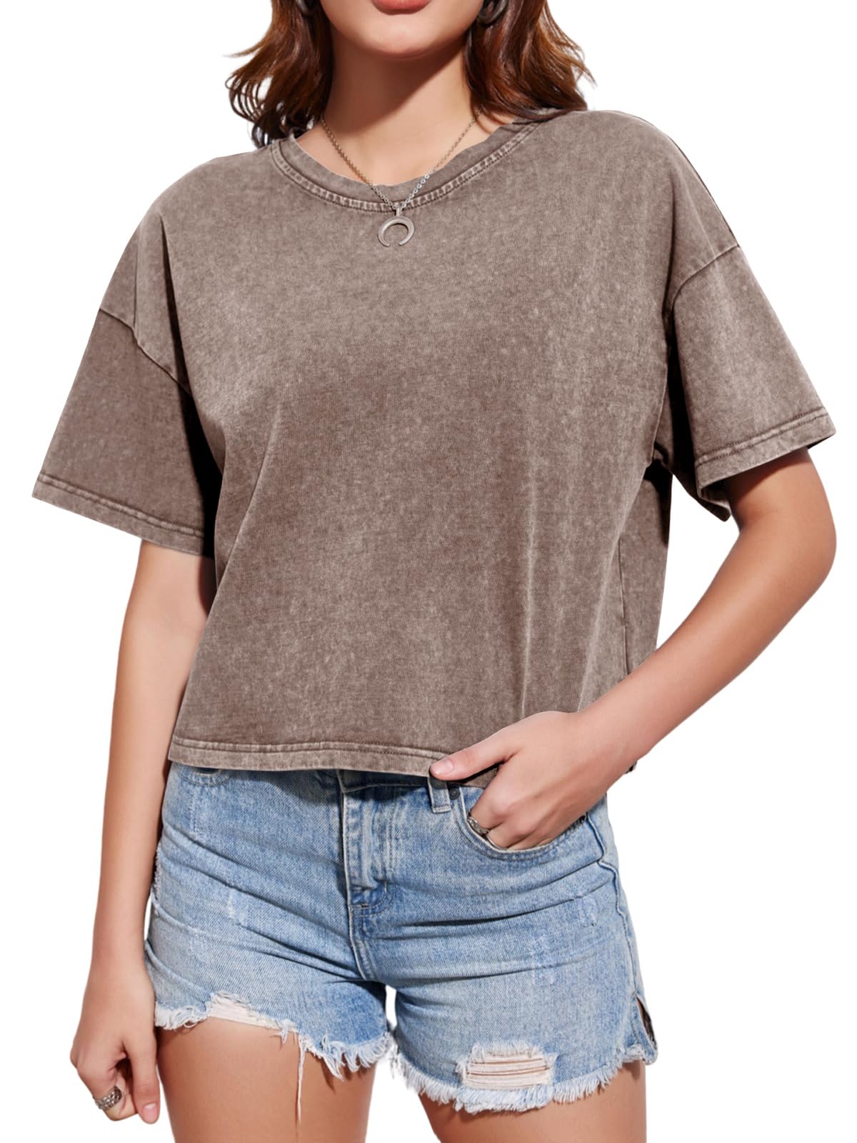 Imily Bela Women's Cropped Crewneck T-Shirt - Vintage Washed Short Sleeve Summer Tee | Casual Outfit, Beach Wear, Street Style Fashion