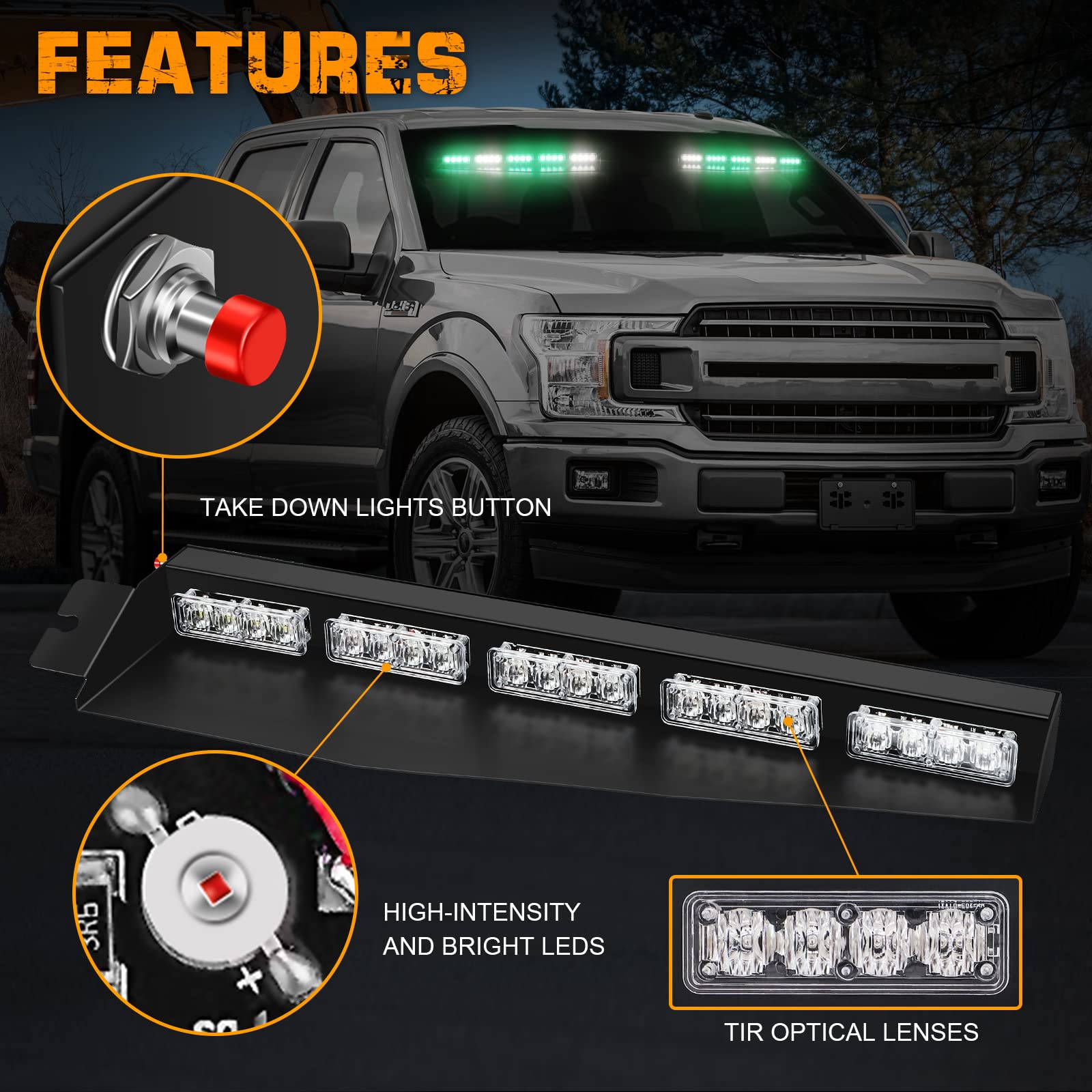 XRIDONSEN 34 Inch Green & White Emergency Strobe Light Bar - 40 LED Interior Windshield Visor Warning Lights for Firefighter Trucks, Vehicles with Take Down & Deck Split Mount - Ideal for Emergency Response, Roadside Safety, and Hazard Visibility