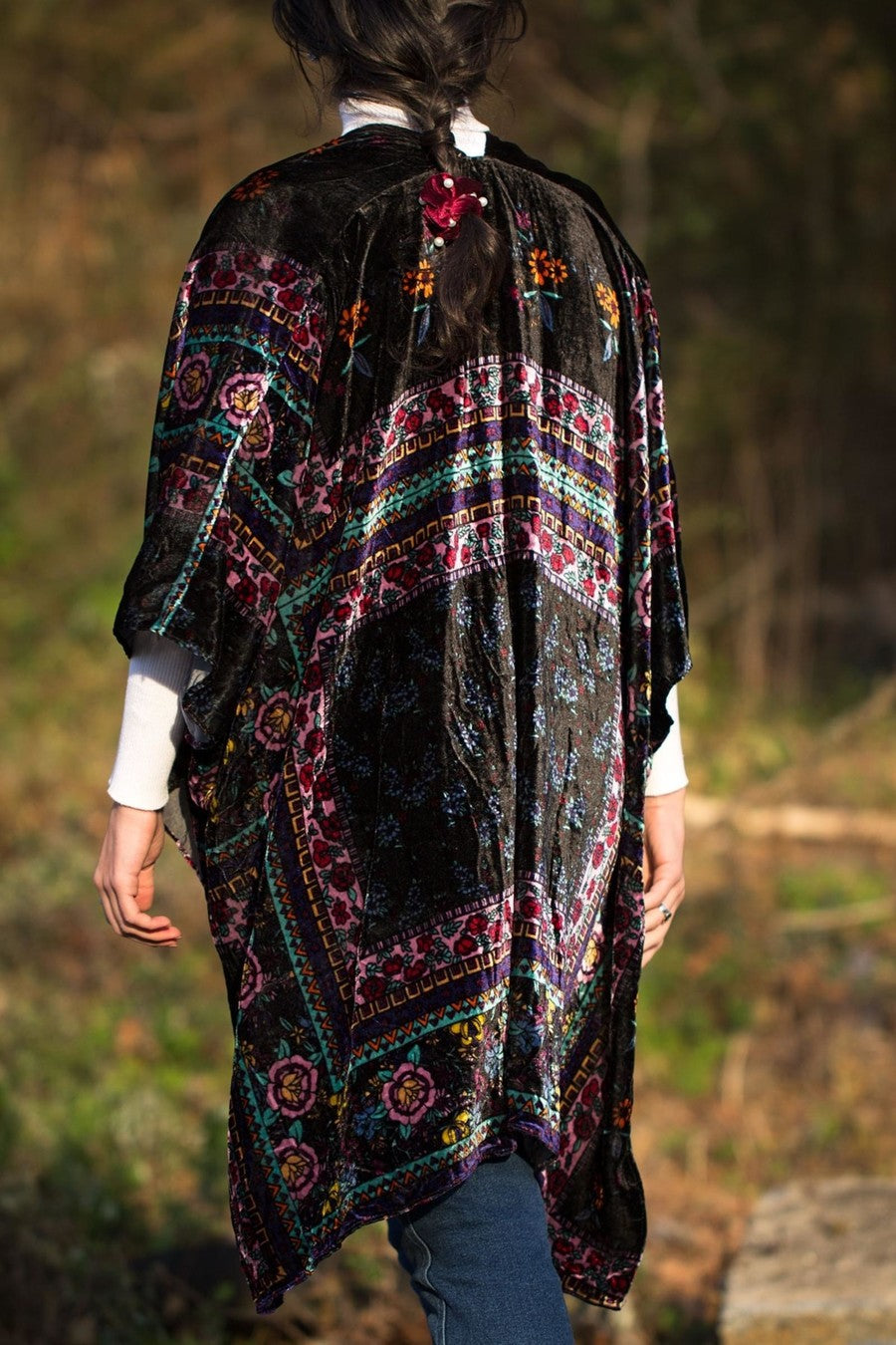 Black Velvet Floral Kimono Robe - Elegant Lace Trimmed Women's Kimono for Lounge, Bridal Party & Special Occasions