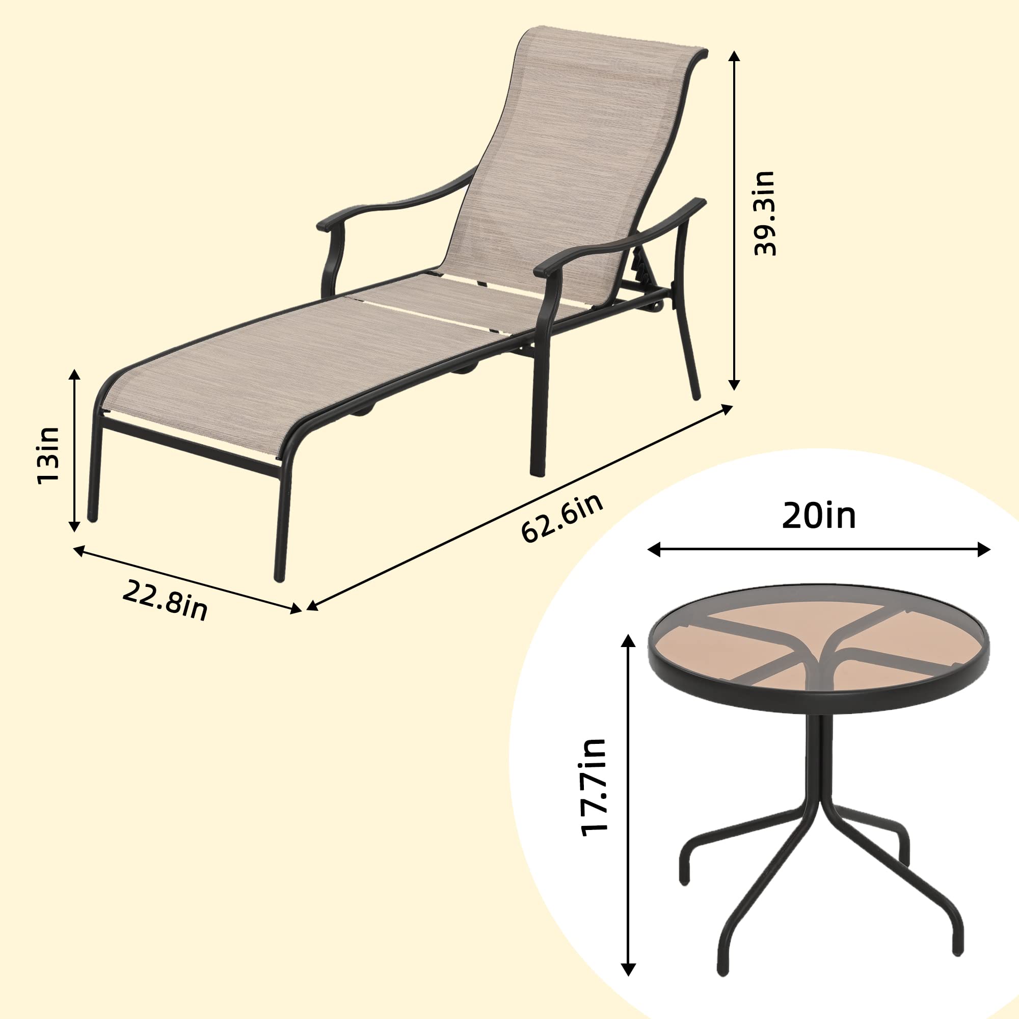 HAPPATIO 6-Piece Patio Chaise Lounge Set with Glass Coffee Table - Breathable Textilene Fabric Pool Lounge Chairs for Outdoor, Garden, Backyard & Poolside Relaxation (Brown)