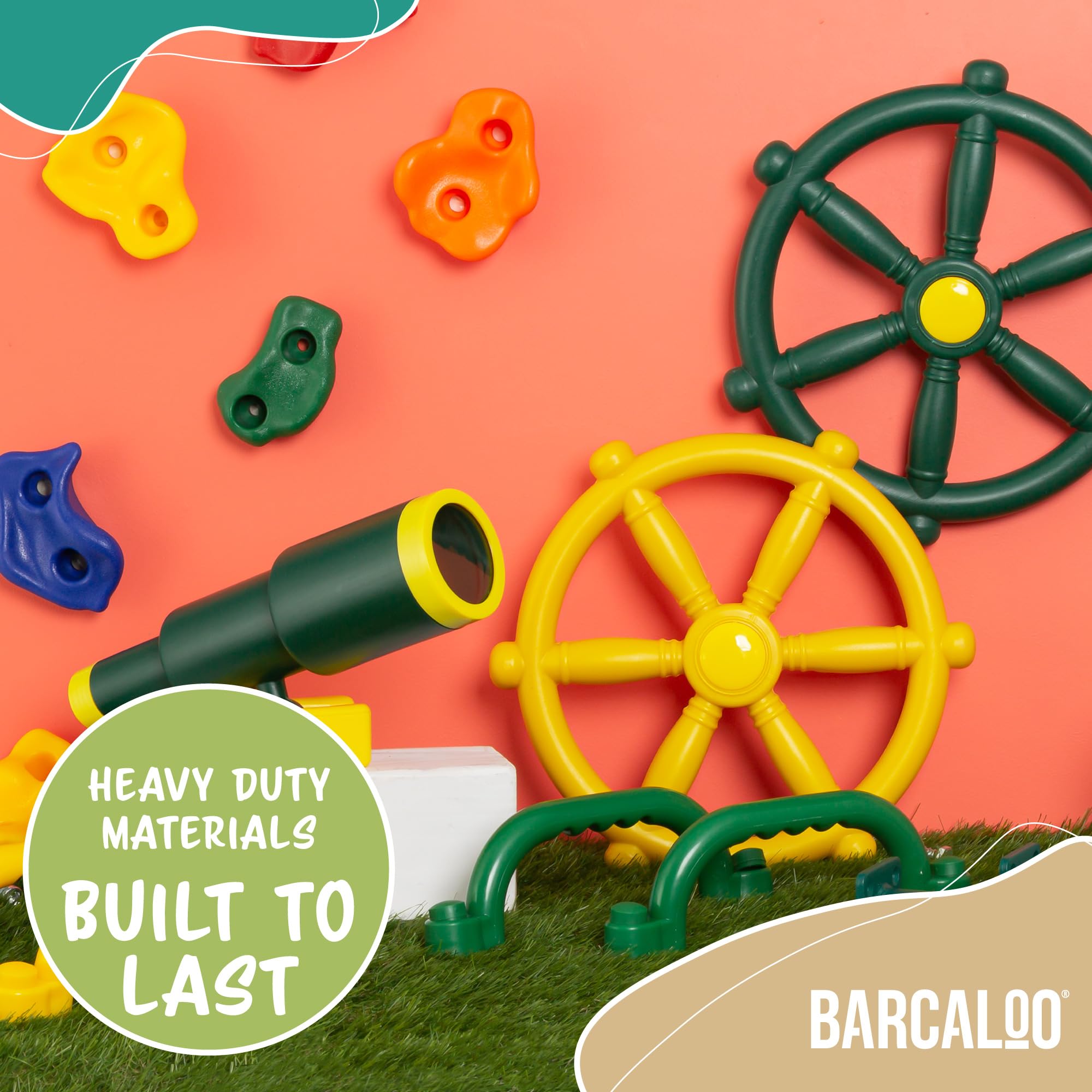 Kids Outdoor Playground Accessories - Pirate Telescope, Steering Wheel & Green Safety Handle Bars for Backyard, Playhouse, Treehouse, Jungle Gym, Swingset & Pirate Ship | Perfect for Imaginative Play & Outdoor Adventures