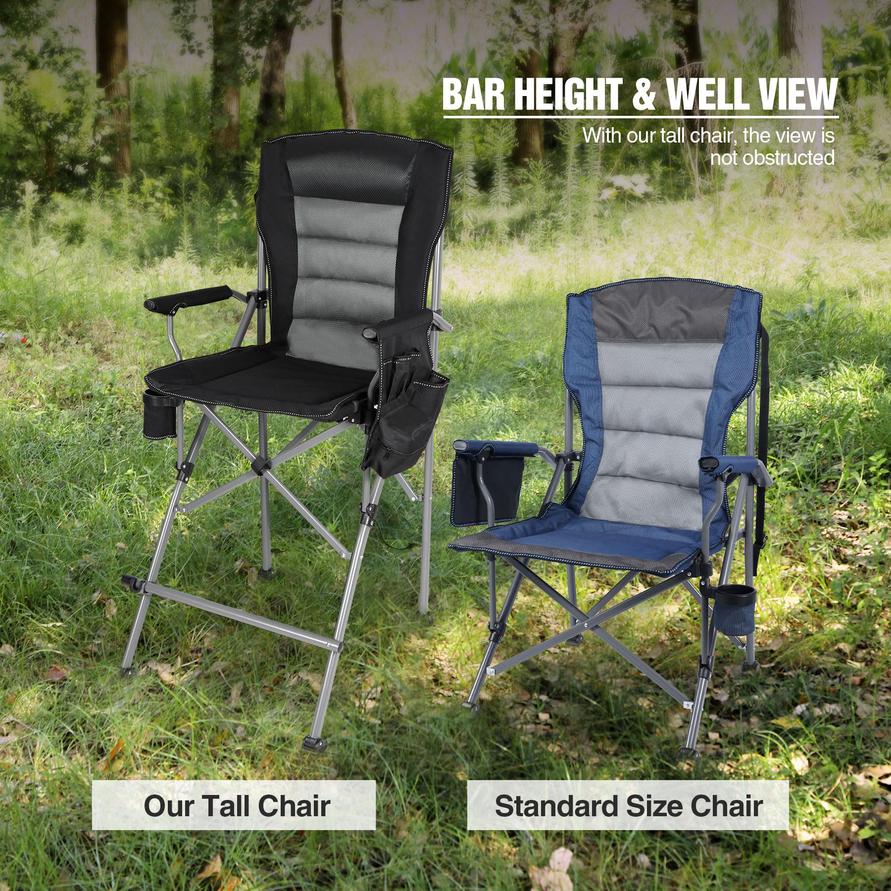 Extra Tall Folding Chairs for Adults 330lbs - Heavy Duty Portable Bar Height Director Chairs with High Back & Footrest - Comfortable Foldable Camping Chairs with Makeup Pocket - Perfect for Outdoor Events, BBQs, Beach, and Patio Use (Black)