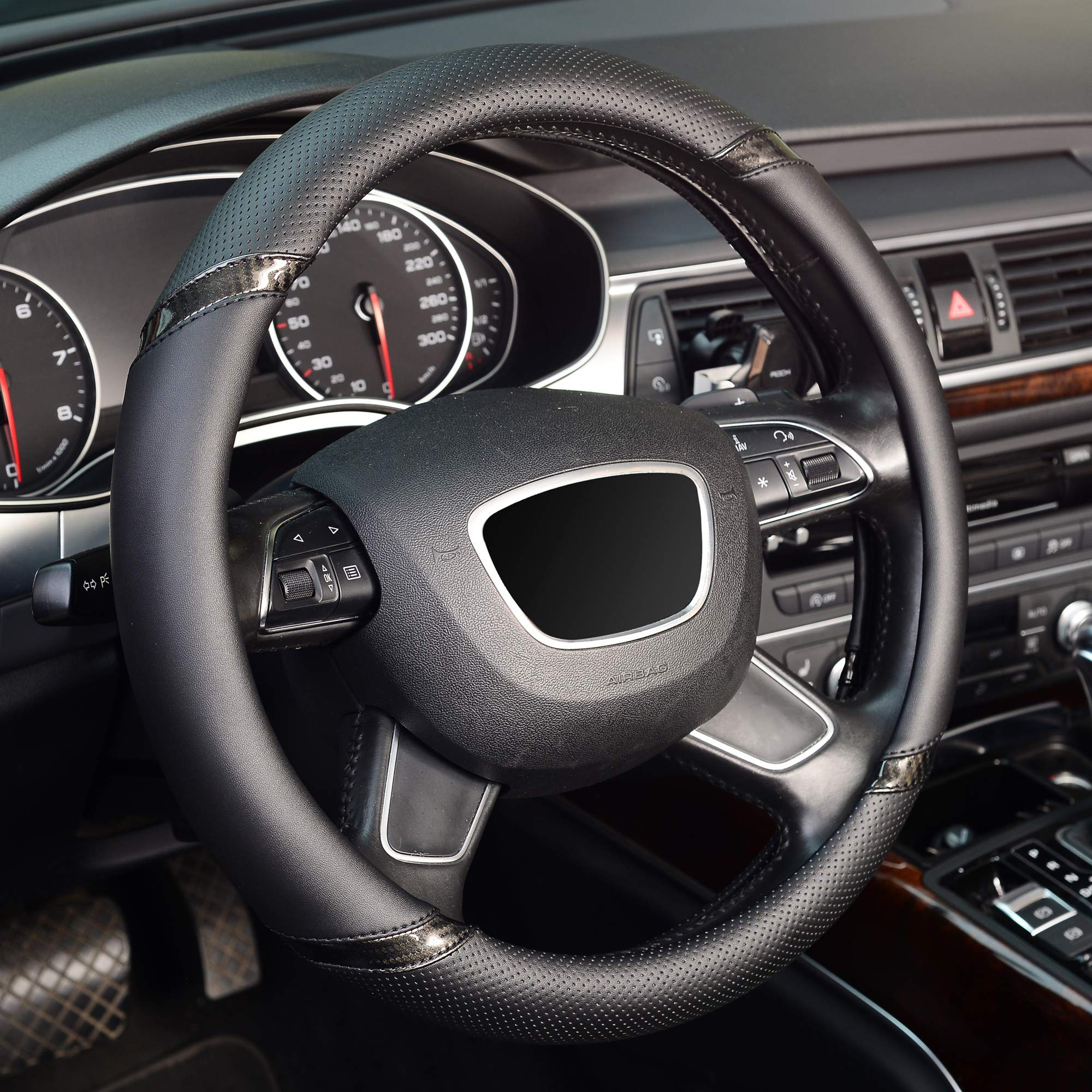 Premium KAFEEK 15 Inch Universal Steering Wheel Cover - Anti-Slip Microfiber Leather, Odorless & Comfort Grip (Black) - Perfect for Cars, Trucks & SUVs - Enhances Driving Comfort & Style