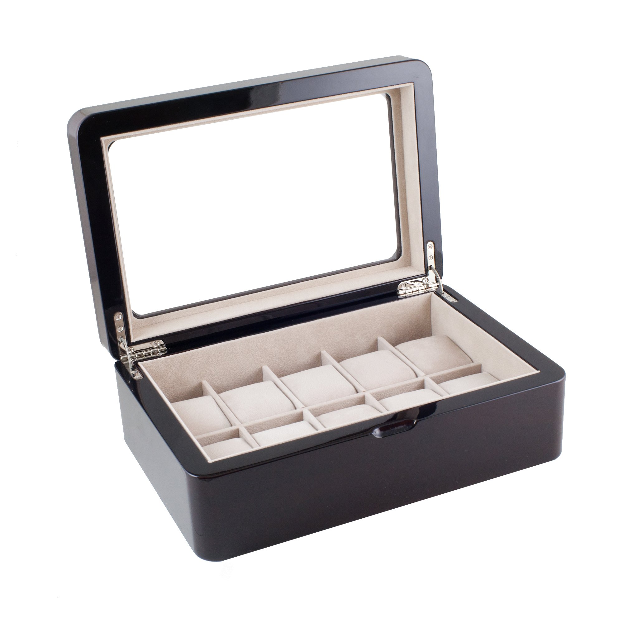 Premium Glossy Espresso Wood Watch Box with Glass Top - Holds 10 Watches - Luxury Watch Storage & Display Case for Collectors - Perfect for Dressers, Closets & Gift Giving