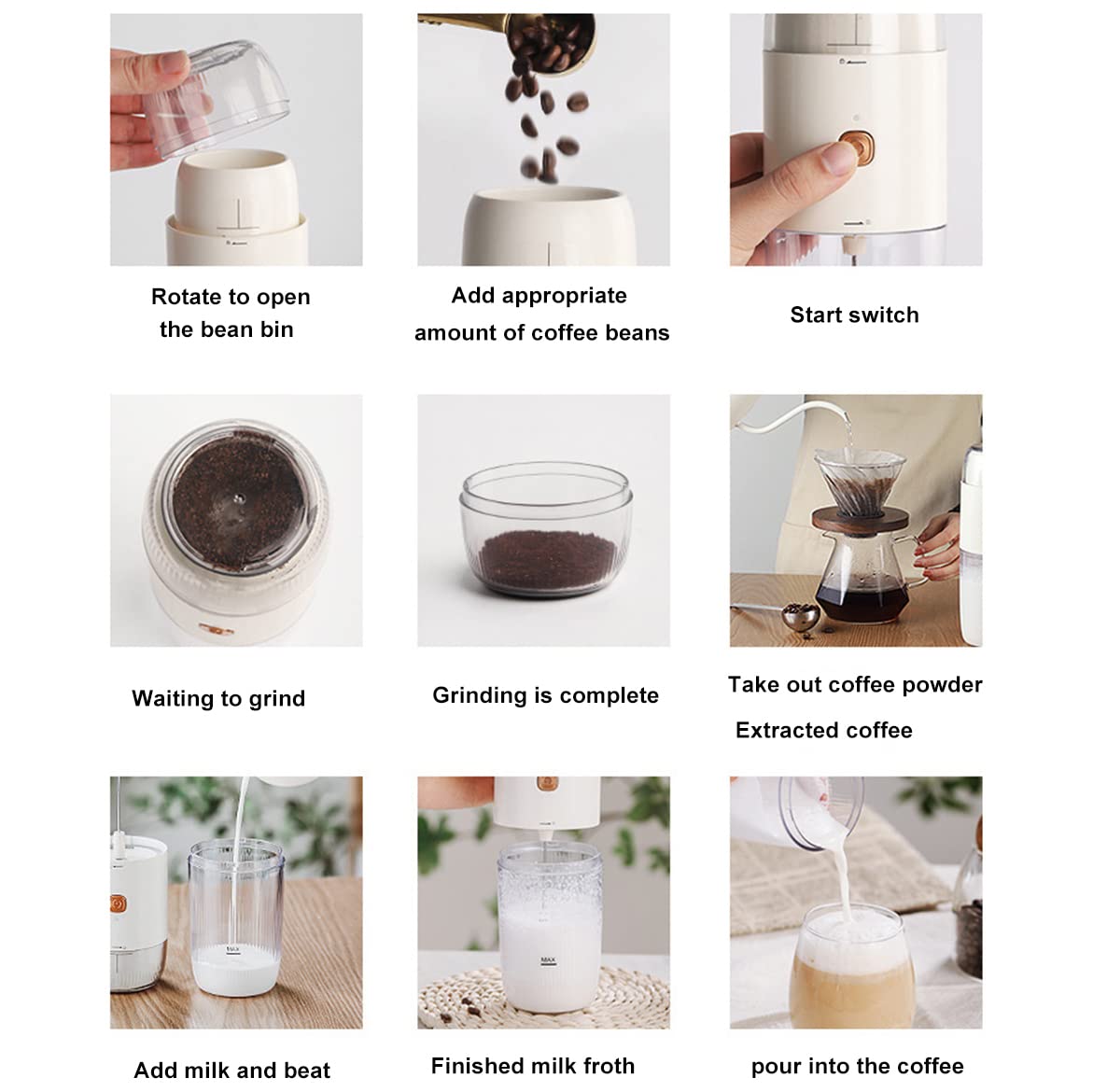 Premium Electric Coffee Grinder & Milk Frother 2-in-1 - Portable USB Rechargeable Multifunction Coffee Maker with Brush for Espresso, Latte, Hot Chocolate - Perfect for Home, Office & Travel (Black)