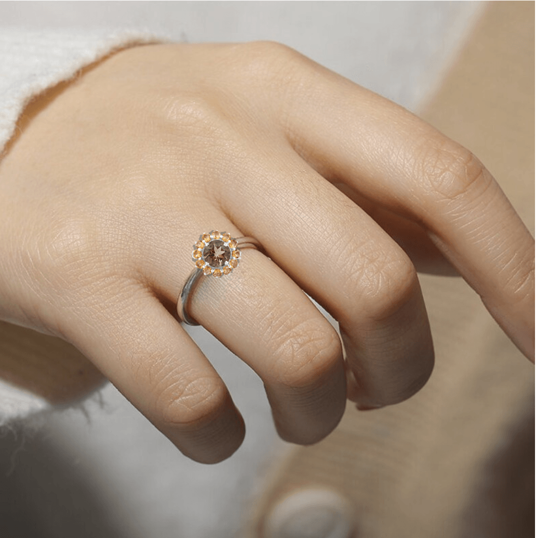 Smoky Quartz Sunflower Ring for Women - Elegant Bohemian Jewelry for Everyday Wear, Gift for Her, Birthday, Anniversary, or Special Occasion