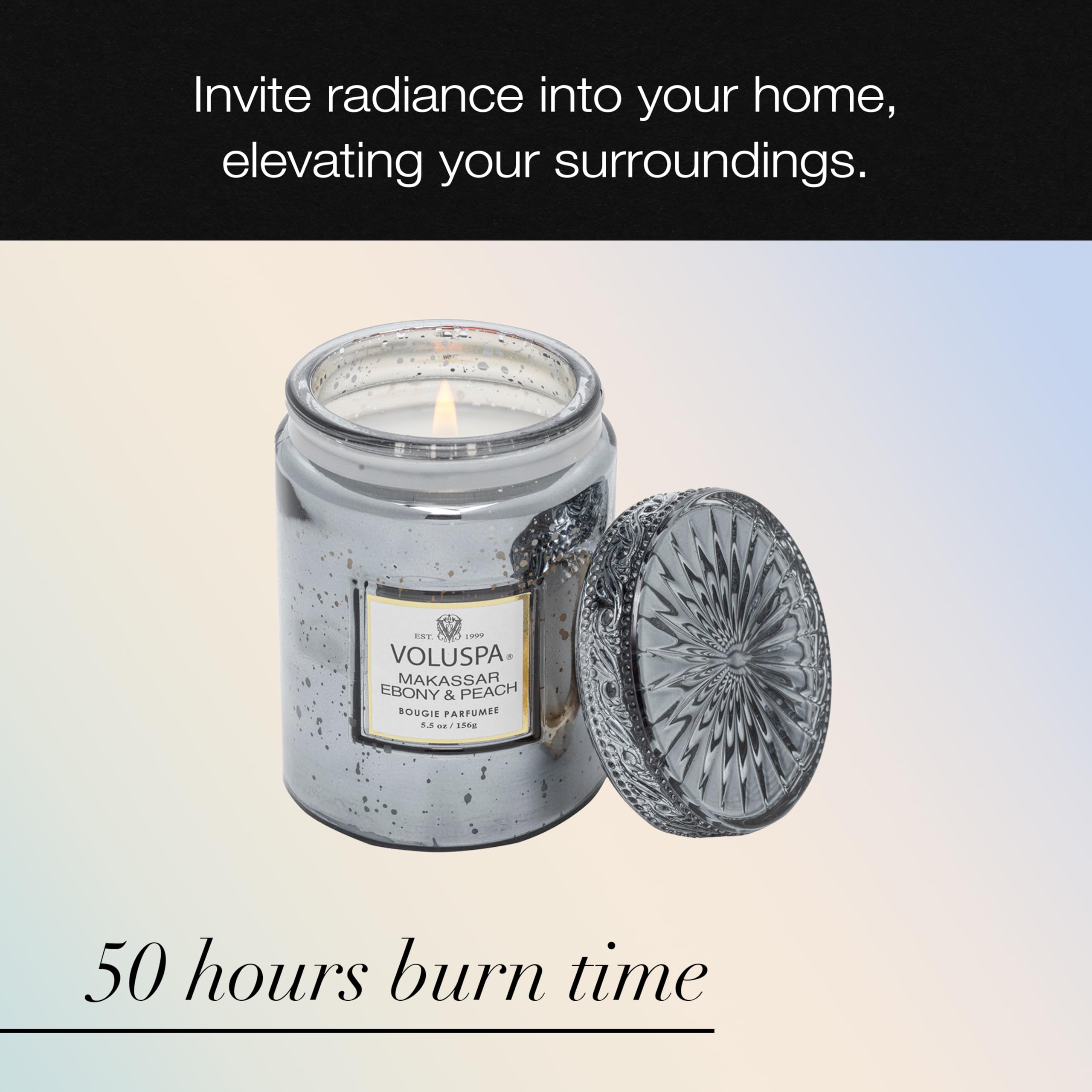 Voluspa Makassar Ebony & Peach Scented Candle - 5.5 oz Coconut Wax Jar Candle, 50 Hour Burn Time, Handcrafted in USA - Perfect for Home Decor, Relaxation & Aromatherapy