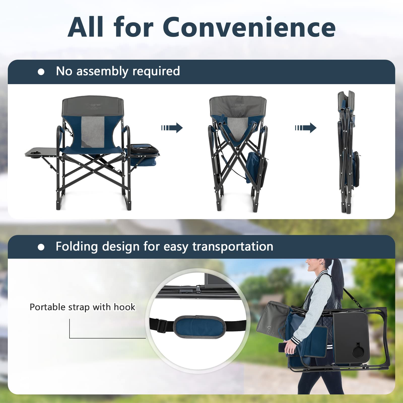 COSTWAY Heavy-Duty Folding Camping Chair with Side Table & Cooler Bag - 400lbs Capacity Portable Director Chair for Adults, Outdoor Fishing Picnic, Beach Party, and Camping Trips