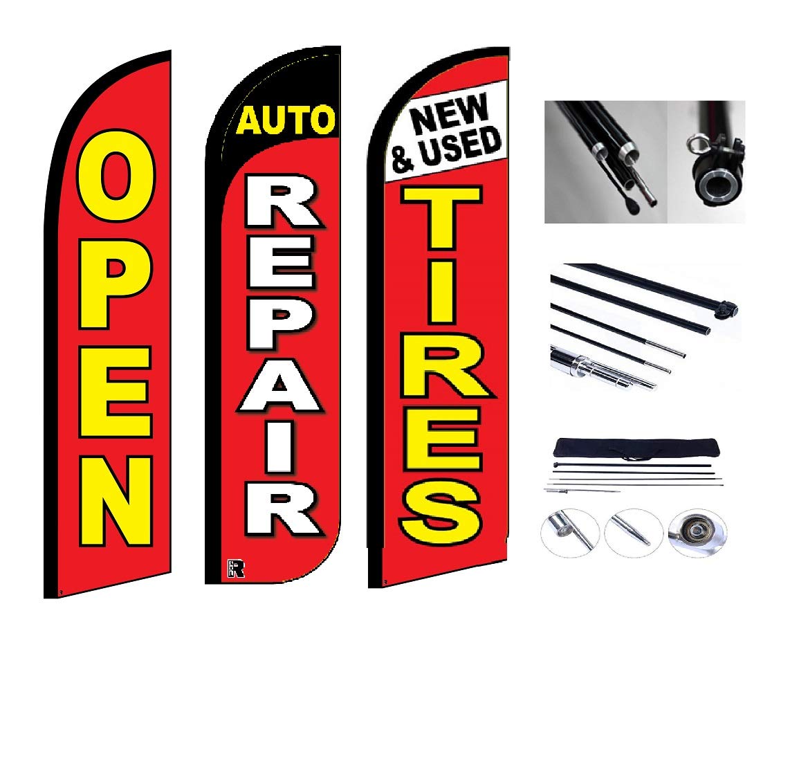 3 Pack Business Windless Feather Flags - 10x2.5ft Advertising Flags with 13ft Poles & Ground Stakes for Auto Repair, Tire Shops & Grand Openings | Perfect for Outdoor Promotions, Car Dealerships & Retail Store Events
