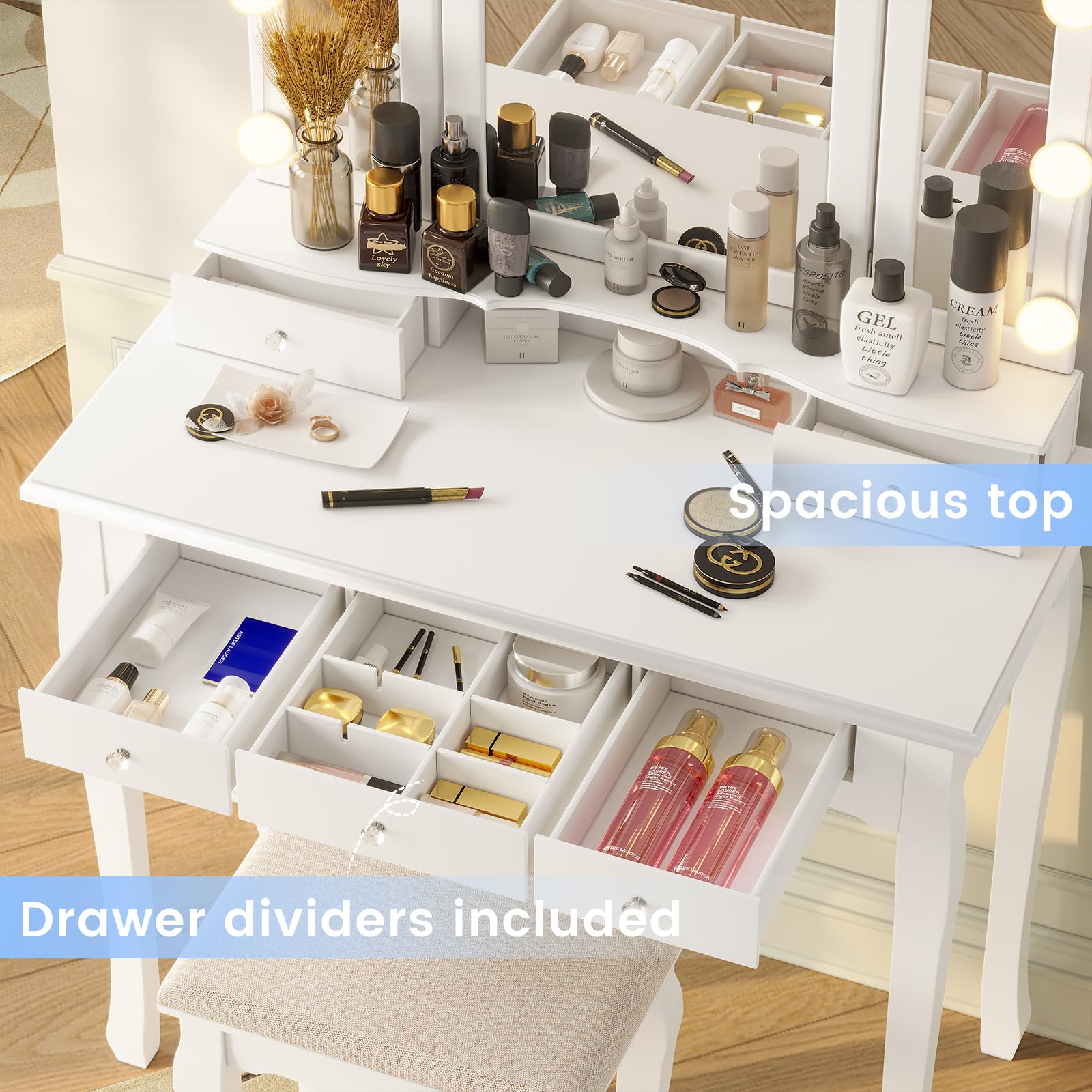 Tiptiper Makeup Vanity Set with LED Lights - White Vanity Desk with Lighted Mirror, Stool & 5 Drawers - 3 Light Modes & Adjustable Brightness for Bedroom, Dressing Room or Home Salon