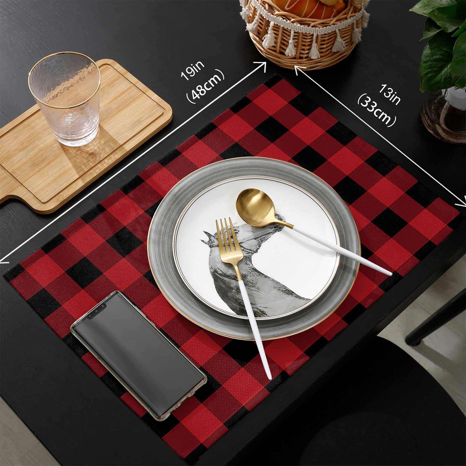 Seven Roses Christmas Placemats Set of 6 - Red Black Buffalo Plaid Holiday Dining Table Mats, Washable Kitchen Decor for Xmas Dinner Party, 13x19 Inch Checkered Table Mats (6 Pack) - Perfect for Festive Holiday Gatherings, Family Dinners & Seasonal Home Decor