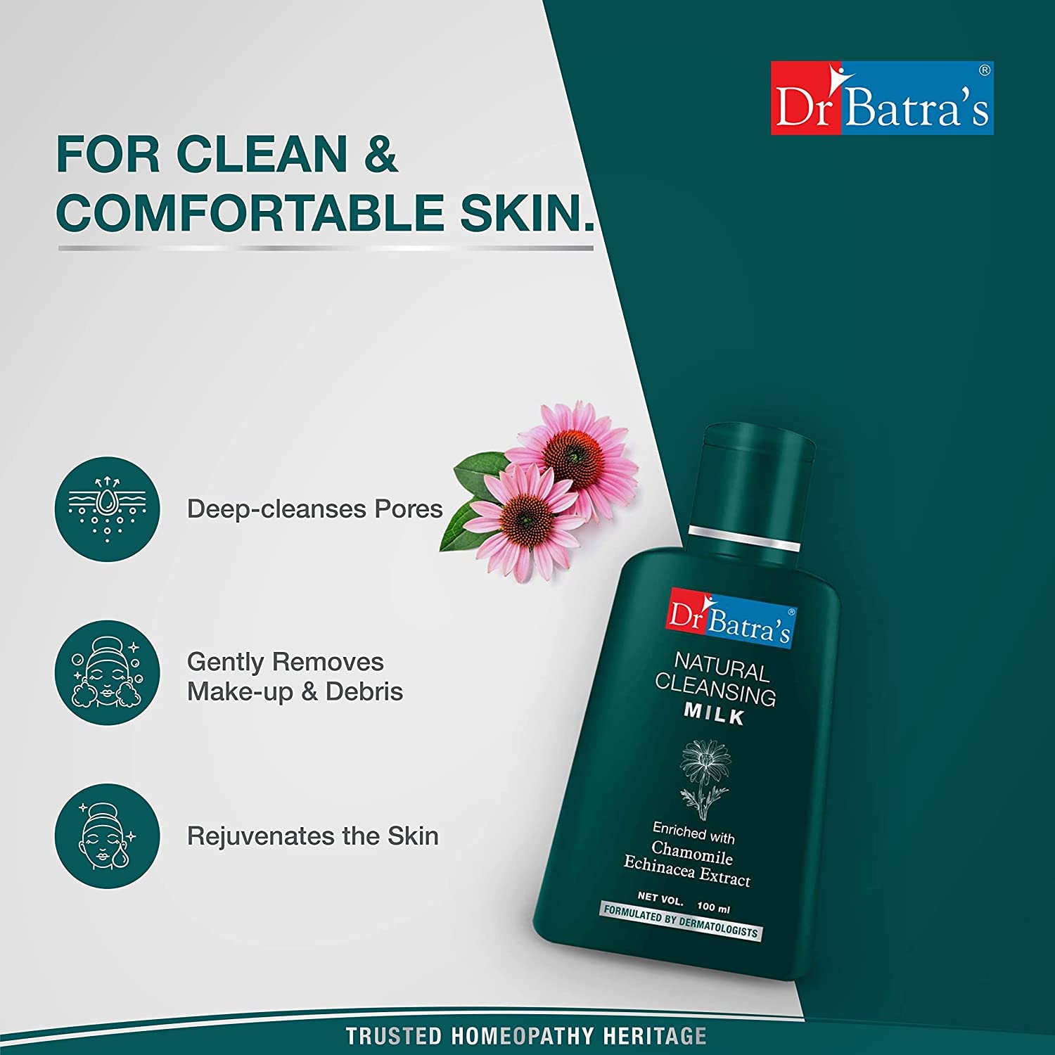 Dr. Batra's Natural Cleansing Milk for Face - 100ml (Pack of 4) Gentle Daily Cleanser for Men & Women | Perfect for Sensitive Skin & Makeup Removal