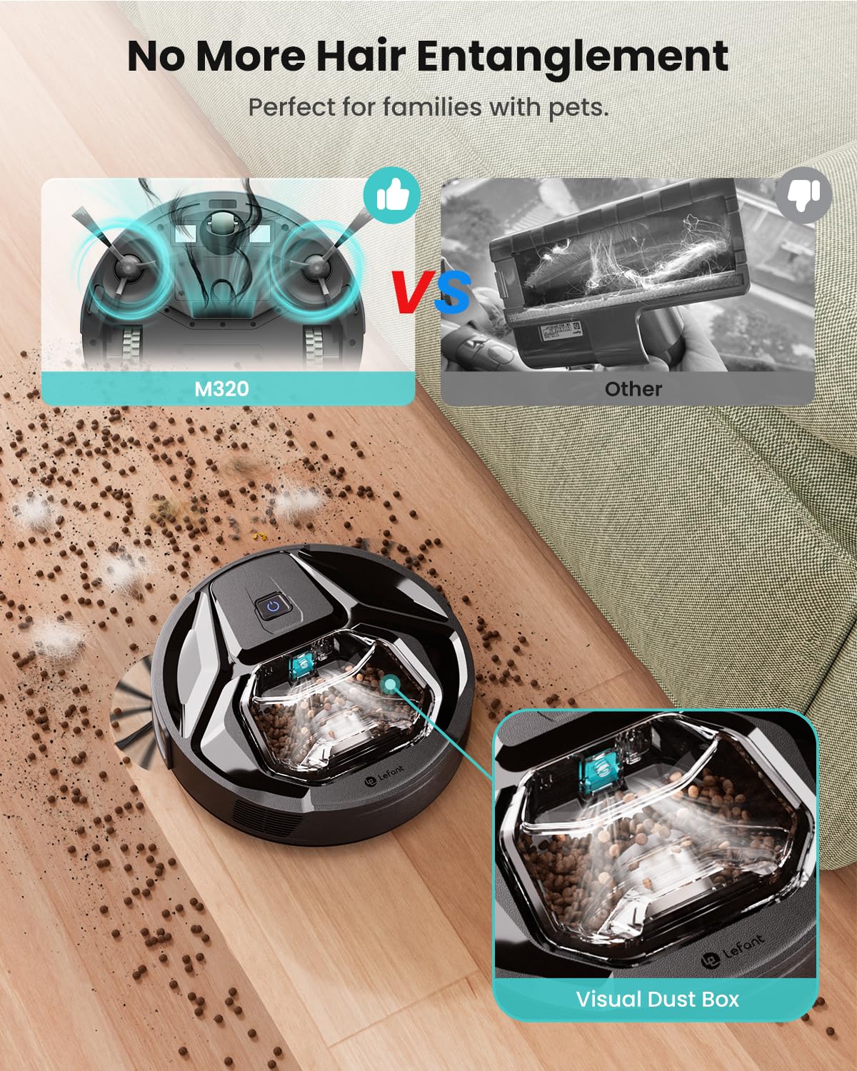 Lefant M320 Robot Vacuum Cleaner with 6000Pa Strong Suction, Smart Carpet Detection & Alexa Compatibility - 800ml XL Dustbin, 210min Runtime, Ultra Quiet for Hard Floors & Pet Hair - Perfect for Large Homes with Pets & High-Pile Carpets