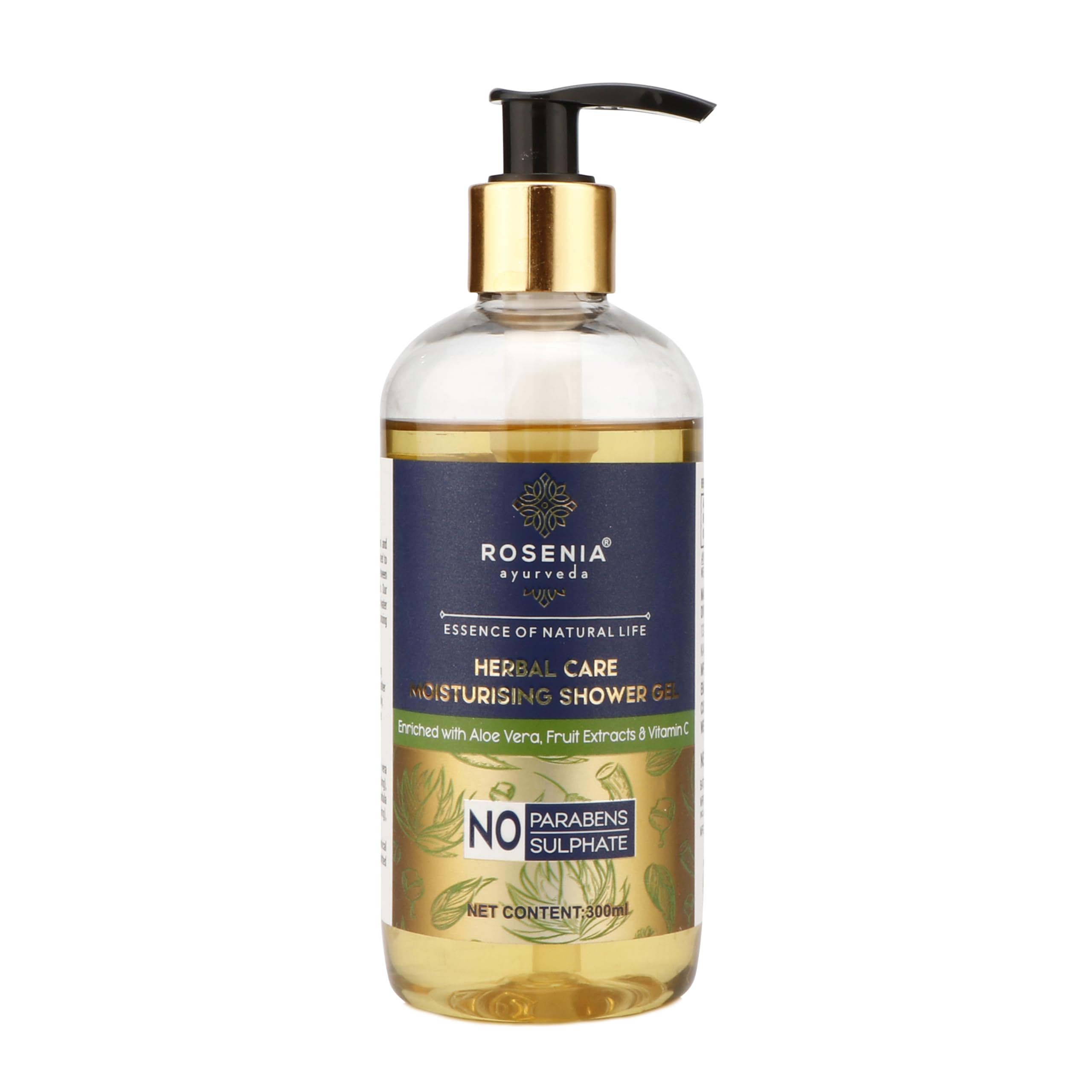 Rosenia Ayurveda Moisturizing Shower Gel for Men & Women - Aloe Vera, Fruit Extracts & Vitamin C Enriched - 300ml | Hydrating Body Wash for Dry Skin, Daily Shower & Spa Relaxation