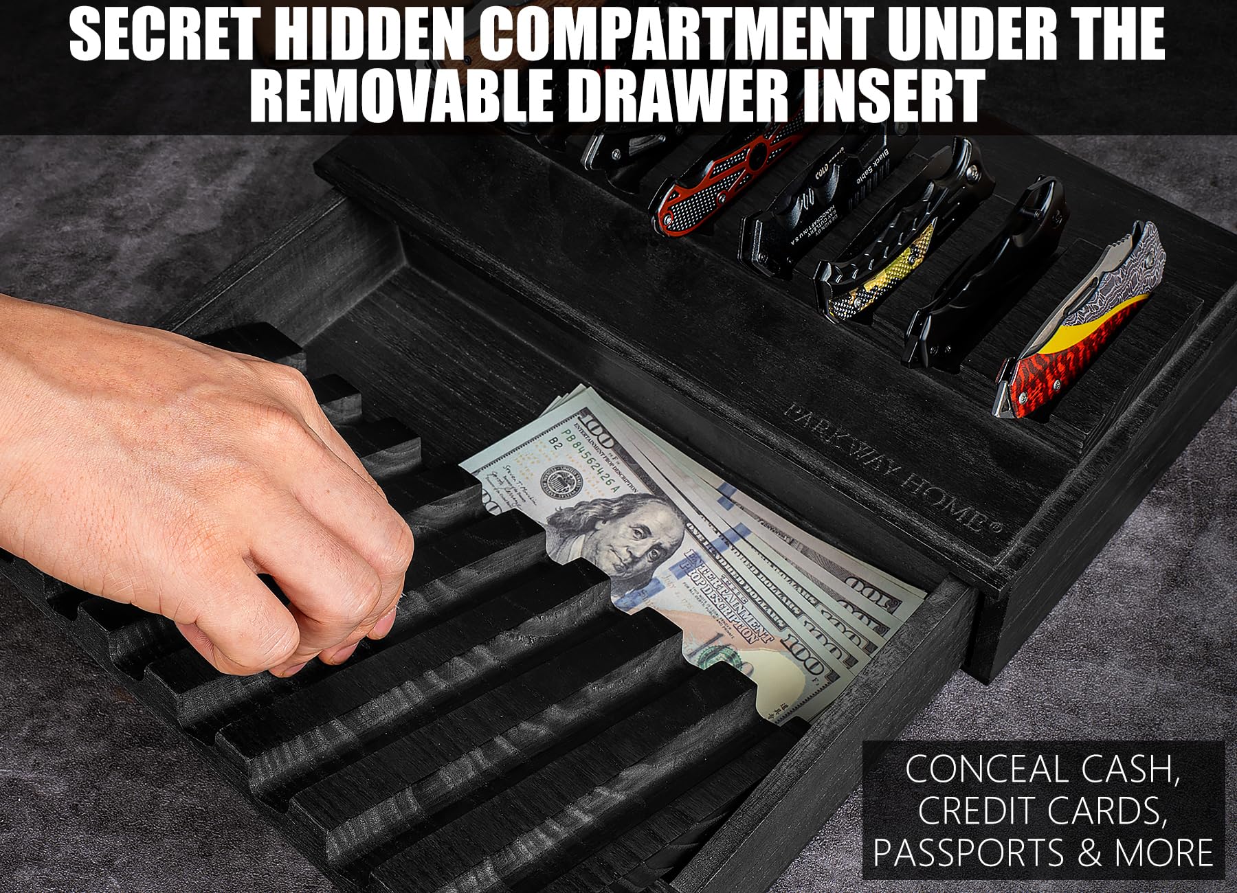 Premium Black Wooden Pocket Knife Display Case - Clear Sturdy Cover Holds 16 Knives - 2-Tier Collector's Case with Removable Drawer for EDC Gear - Perfect for Home Display, Gift Giving & Knife Enthusiast Collections