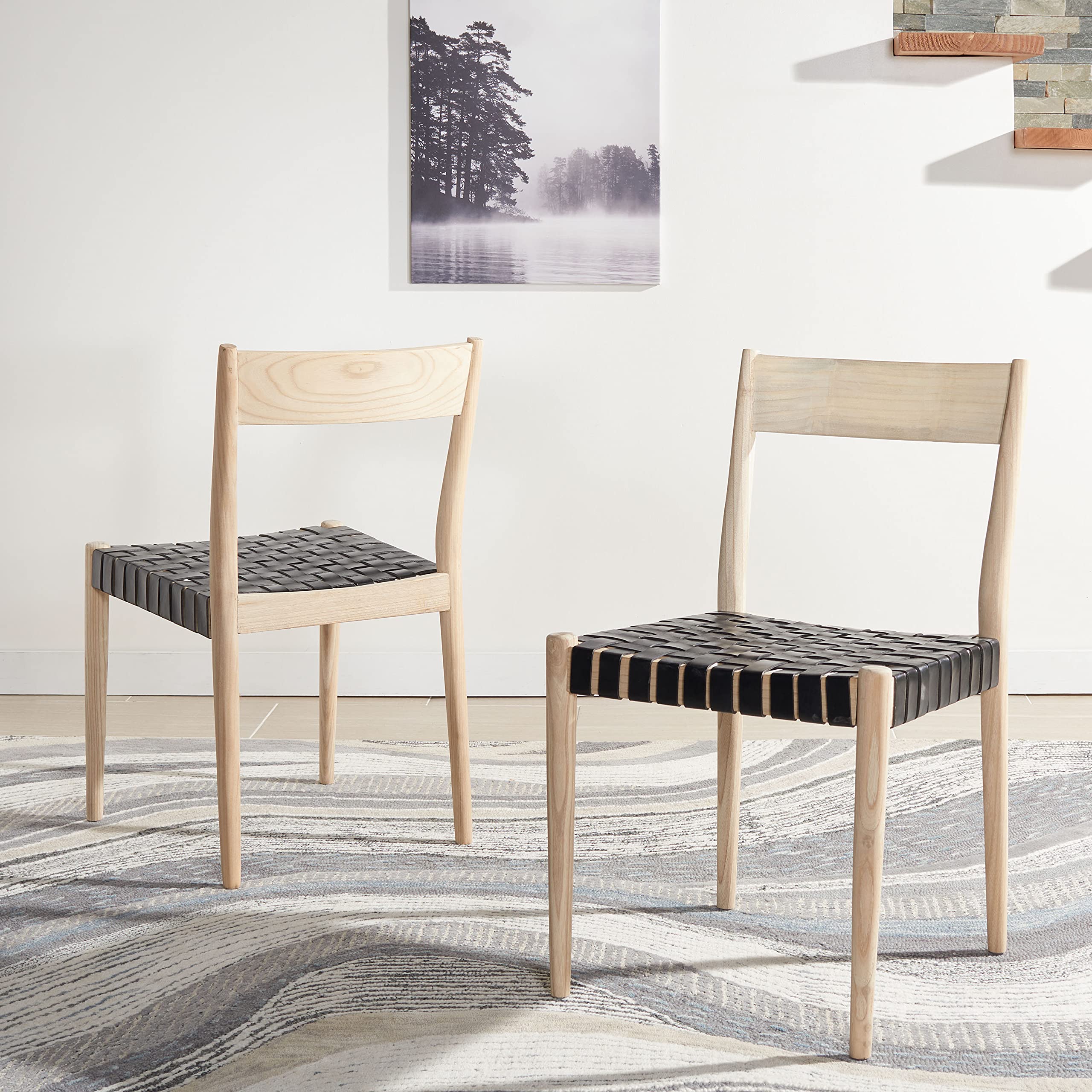 SAFAVIEH Eluned Woven Leather Accent Chair - Modern Dining & Living Room Chair with Black/Natural Leather Weave (Set of 2) - Perfect for Home Decor, Dining Sets & Lounge Seating