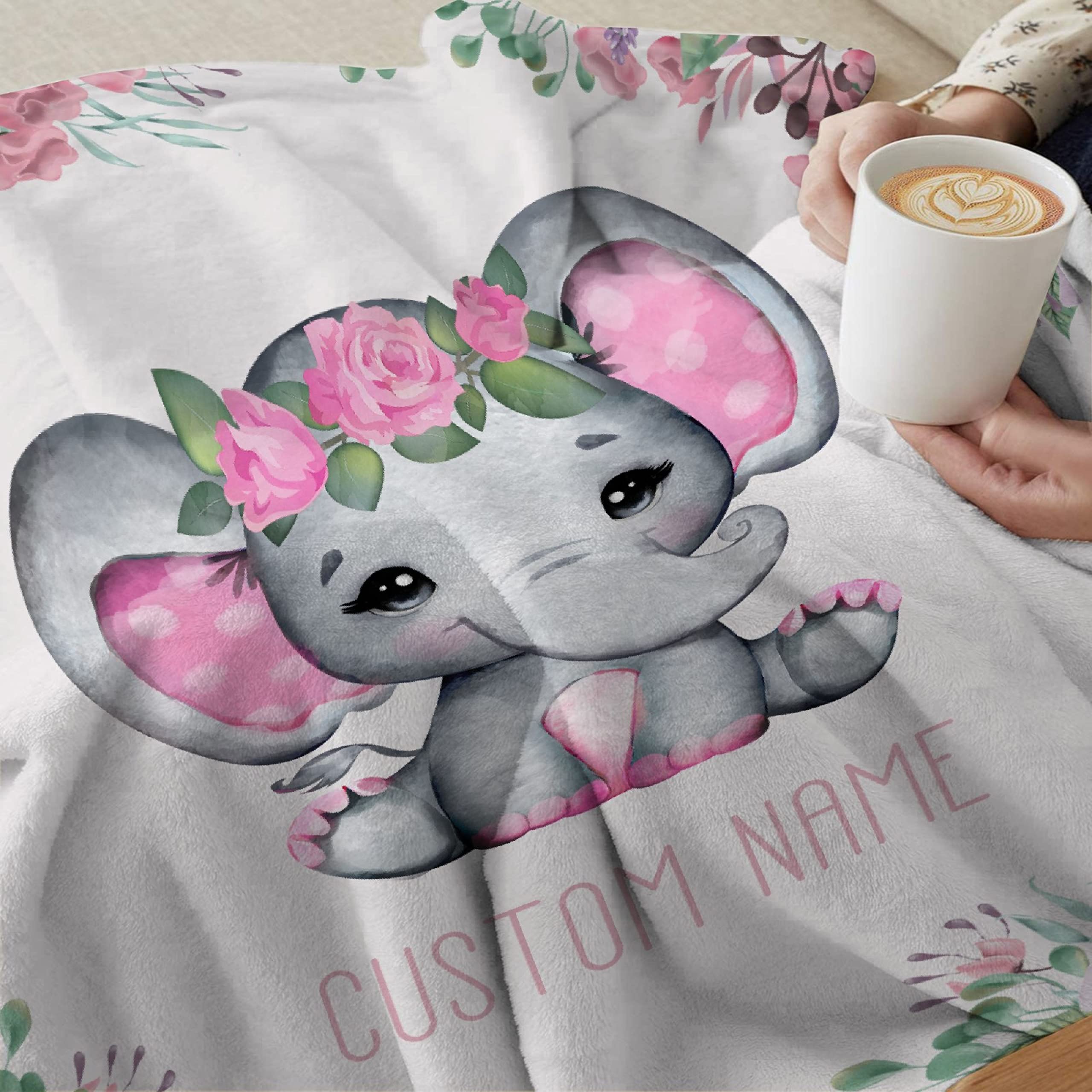 Personalized Baby Blanket with Name - Pink Floral Elephant Design Custom Fleece Blanket for Girls & Boys | Soft 120