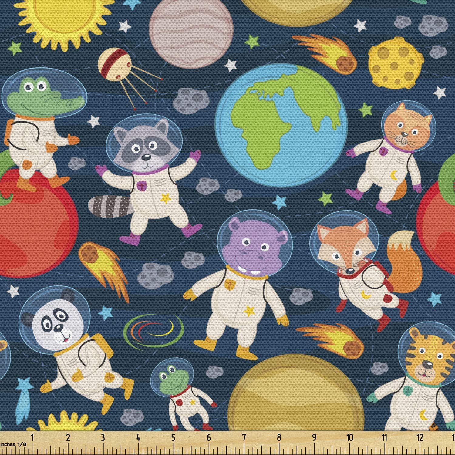 Ambesonne Space Fabric by The Yard - Funny Astronauts Flying in Cosmic Outer Space with Planets - Decorative Upholstery Fabric for Sofa, Curtains & Home Decor - 10 Yards Blue Purple - Perfect for DIY Projects, Space-Themed Rooms & Sci-Fi Decorations