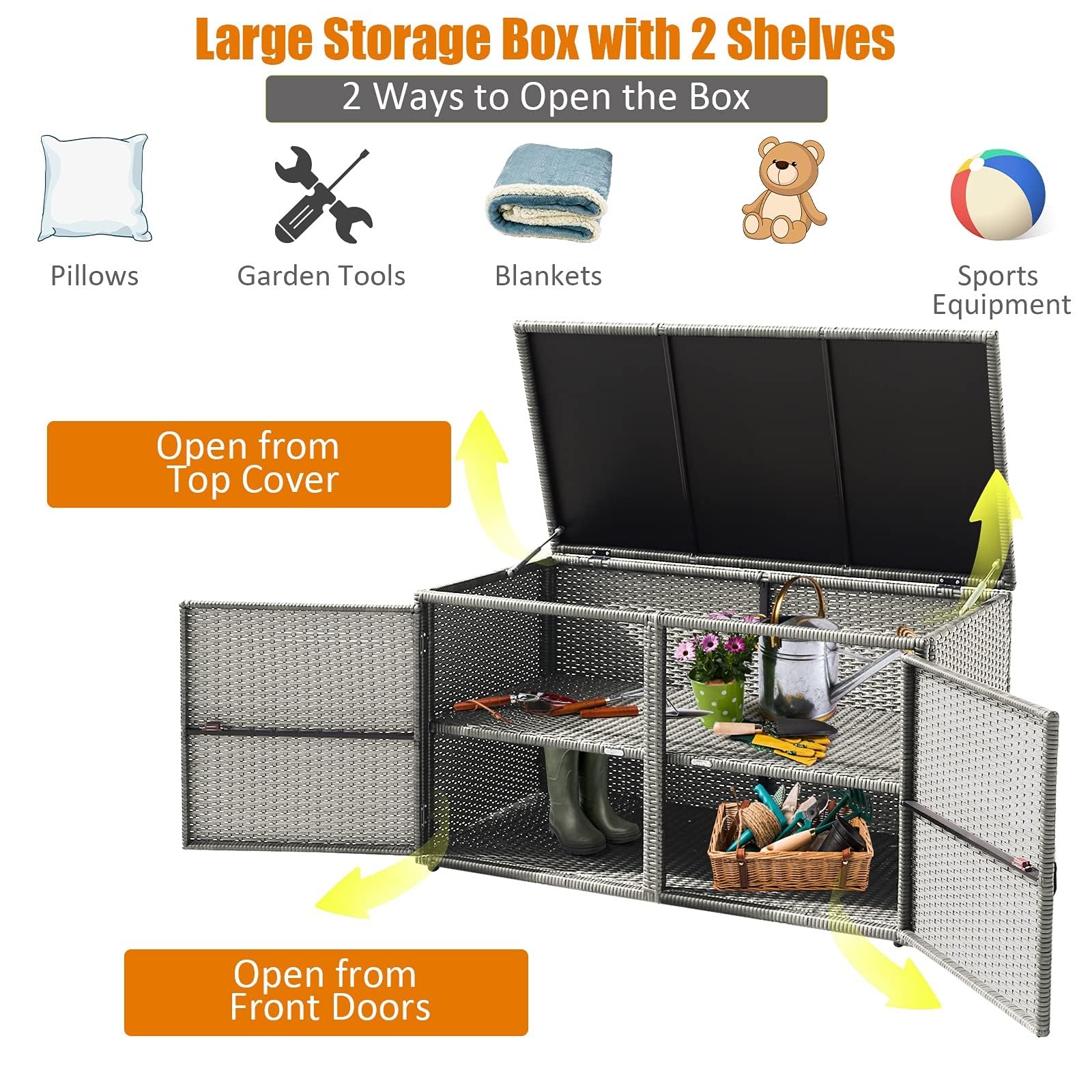 Outdoor Deck Box with Steel Frame & Rattan Wicker - Waterproof Patio Storage for Pool Toys, Garden Tools & Furniture - Perfect for Balcony, Porch & Yard Organization