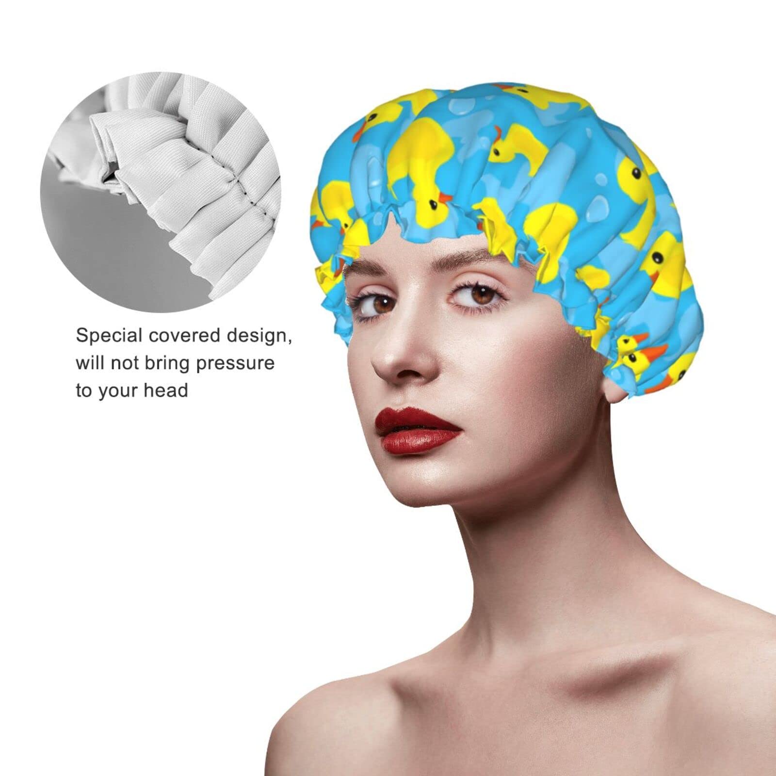 Waterproof Shower Cap for Women - Reusable PEVA Lined Shower Hat with Adjustable Elastic Band for Long Hair - Perfect for Bathing, Swimming & Hair Treatments (Blue Rubber Duck Design)